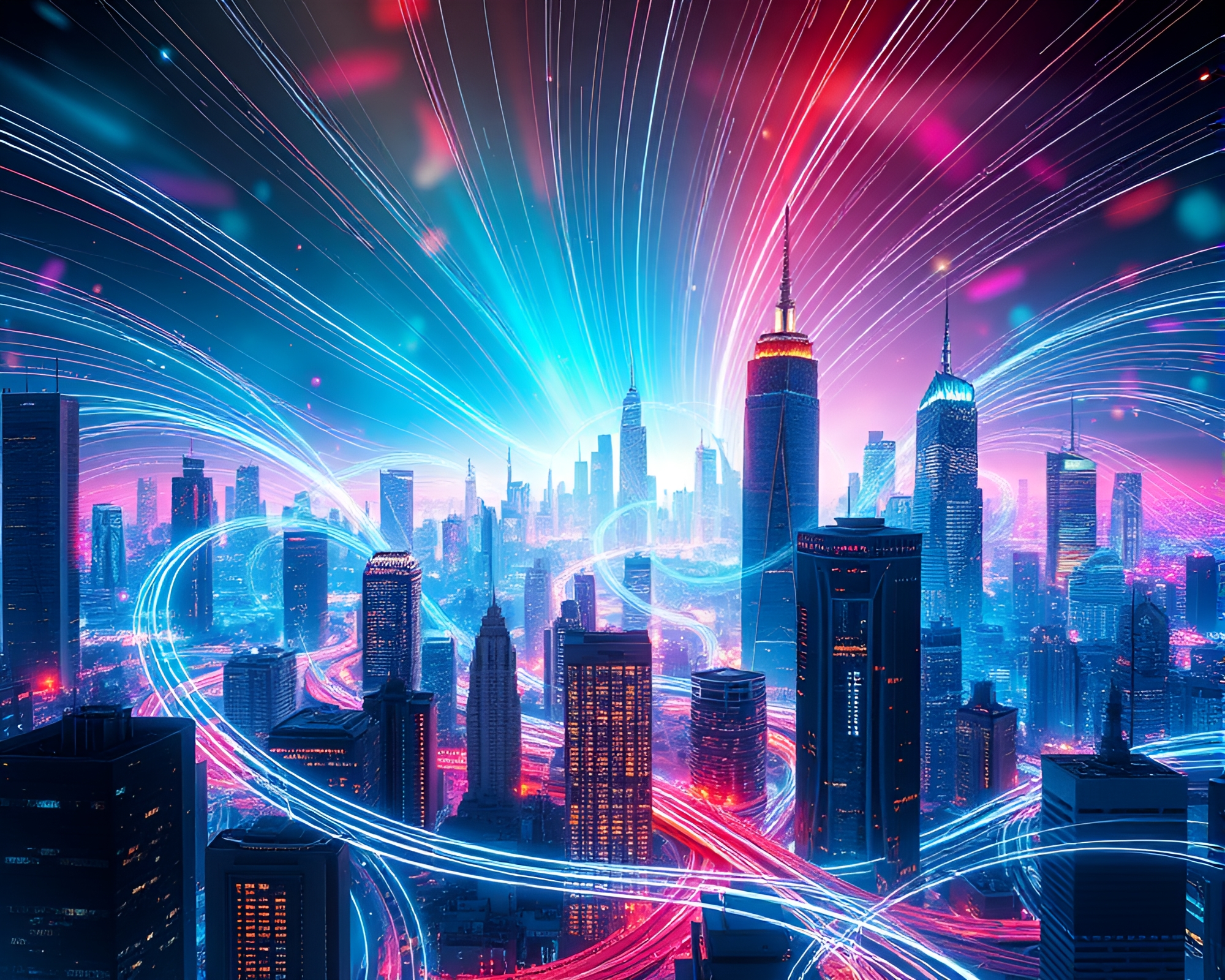 Futuristic Cityscape with Swirling Magnetic Field Lines – free AI stock image