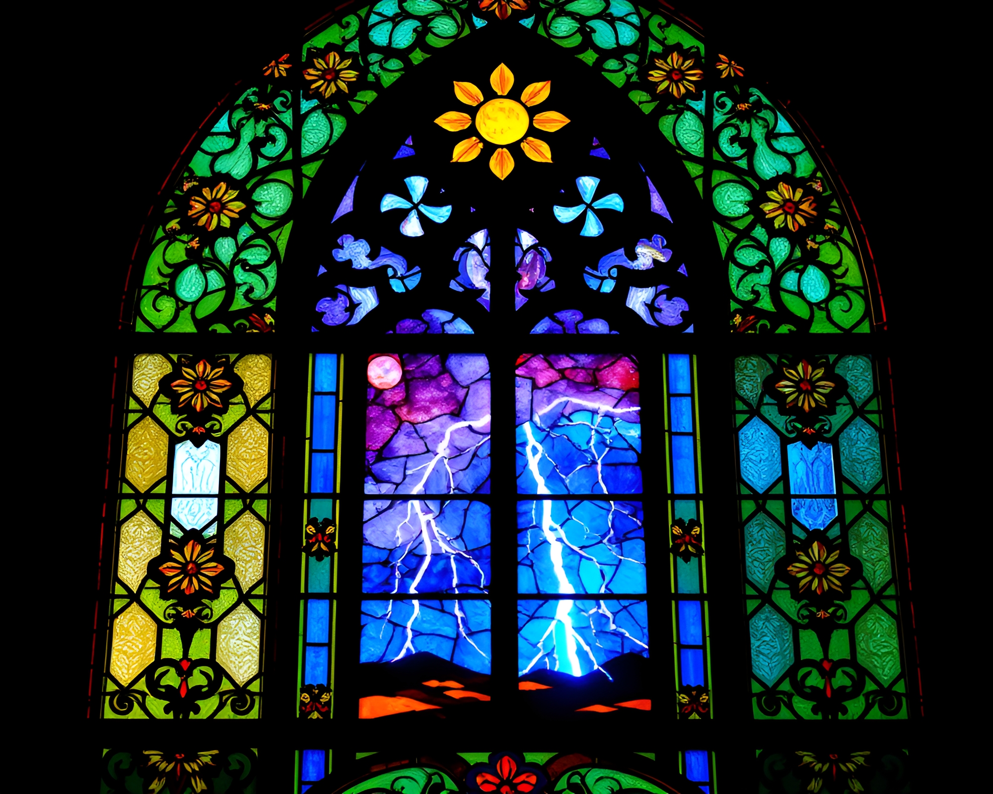 Vibrant Electric Storm Front in Minimalistic Stained Glass Window – free AI stock image