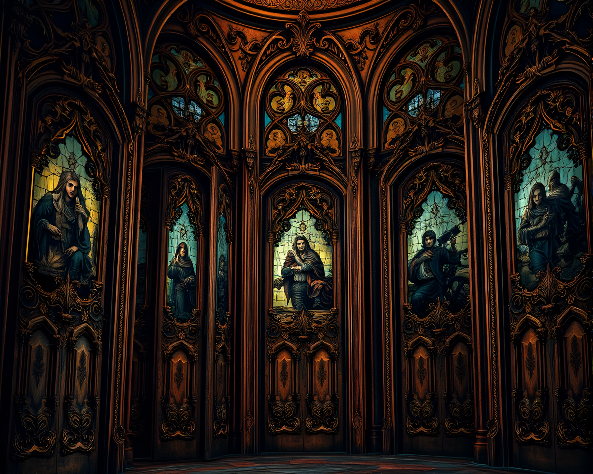 Ornate labyrinth of doors with haunting stained glass – free AI stock image