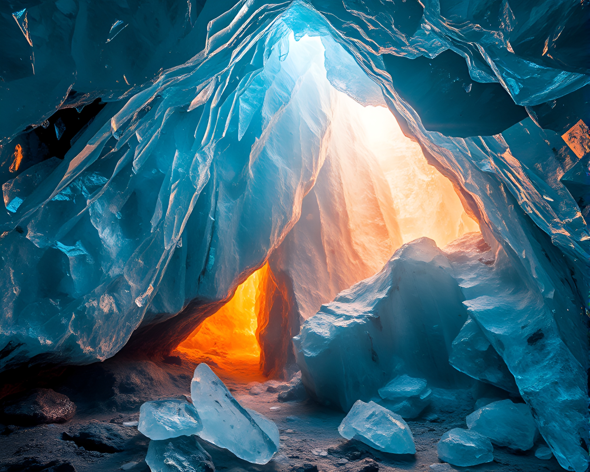 Enchanting Ice Prism Cavern Glows with Mystical Light – free AI stock image