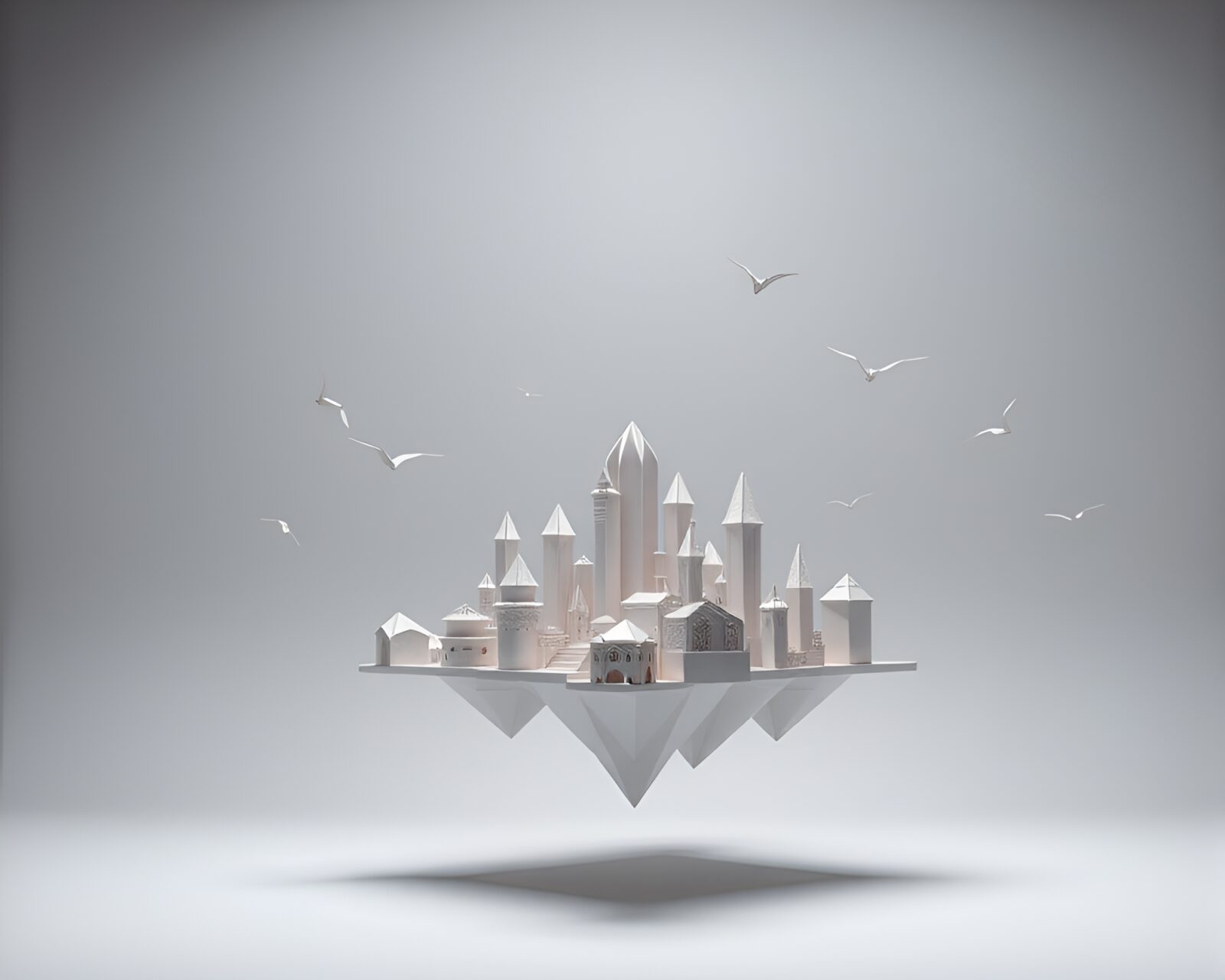 3D rendering of floating origami metropolis in the sky