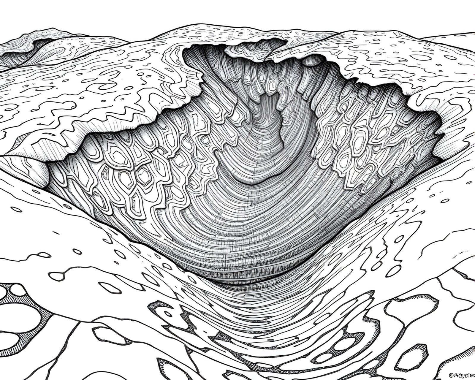 Detailed black and white etching of claustrophobic coral dunes