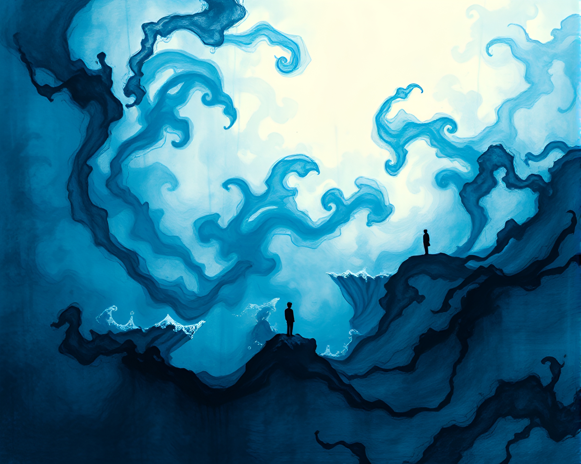 Ink ocean with contemplative figure, embodiment of solace – free AI stock image