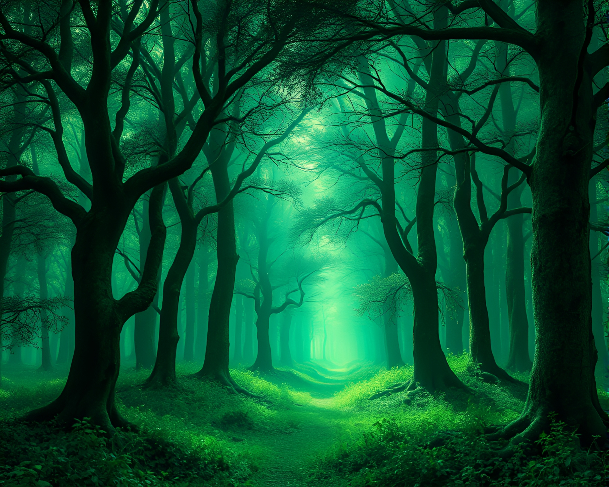 Enchanting Mystical Forest Glade with Shimmering Emerald Canopy – free AI stock image