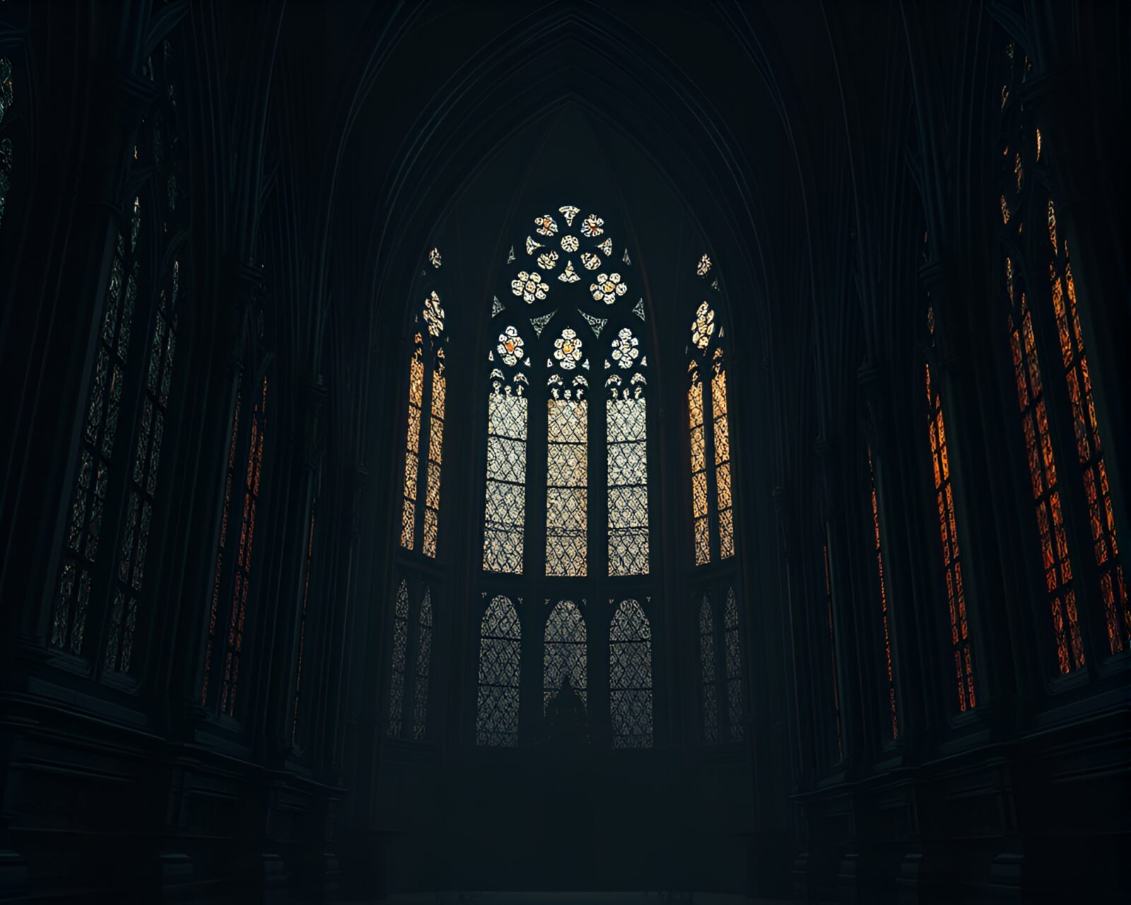 Dark, shadowy cathedral interior with detailed stained glass windows
