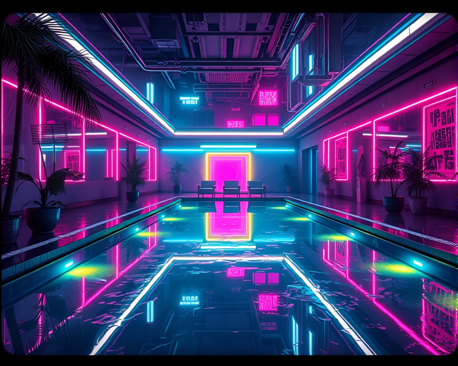Mirror-like pool in a cyberpunk oasis surrounded by futuristic fashion