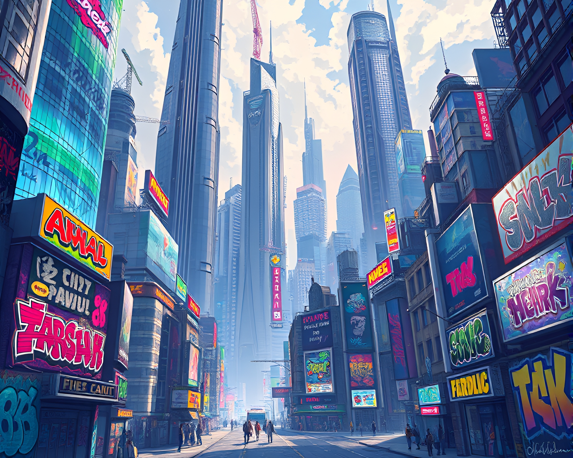 Futuristic Cityscape with Vibrant Street Art – free AI stock image