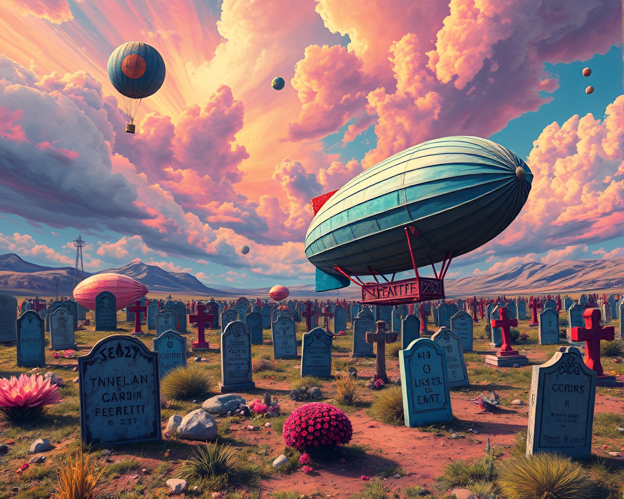 Surreal Pop Art Zeppelin Graveyard Landscape – free AI stock image