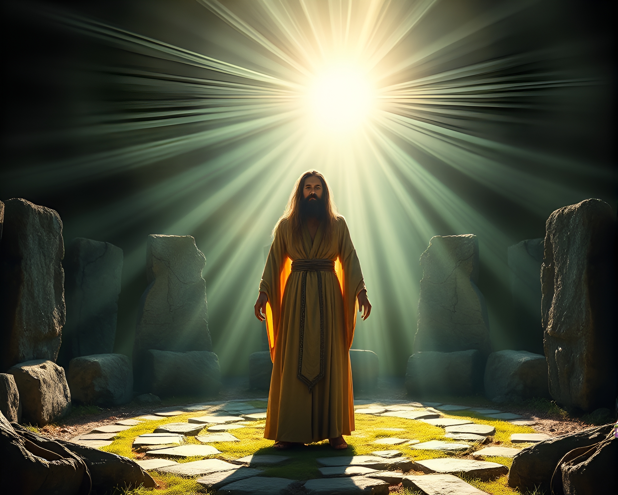 Mystical Druid in Stone Circle Embracing Nature’s Beauty – free AI stock image