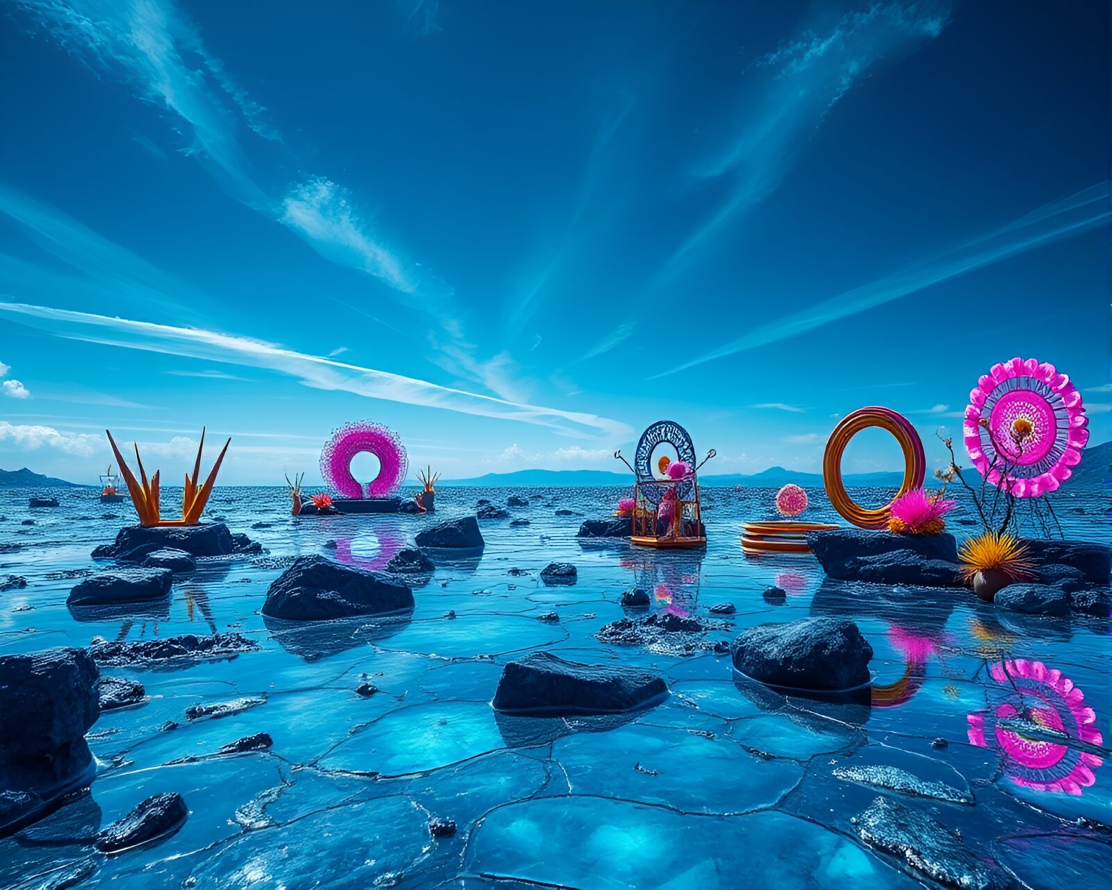 Shimmering plain of obsidian glass with vibrant modern art installations