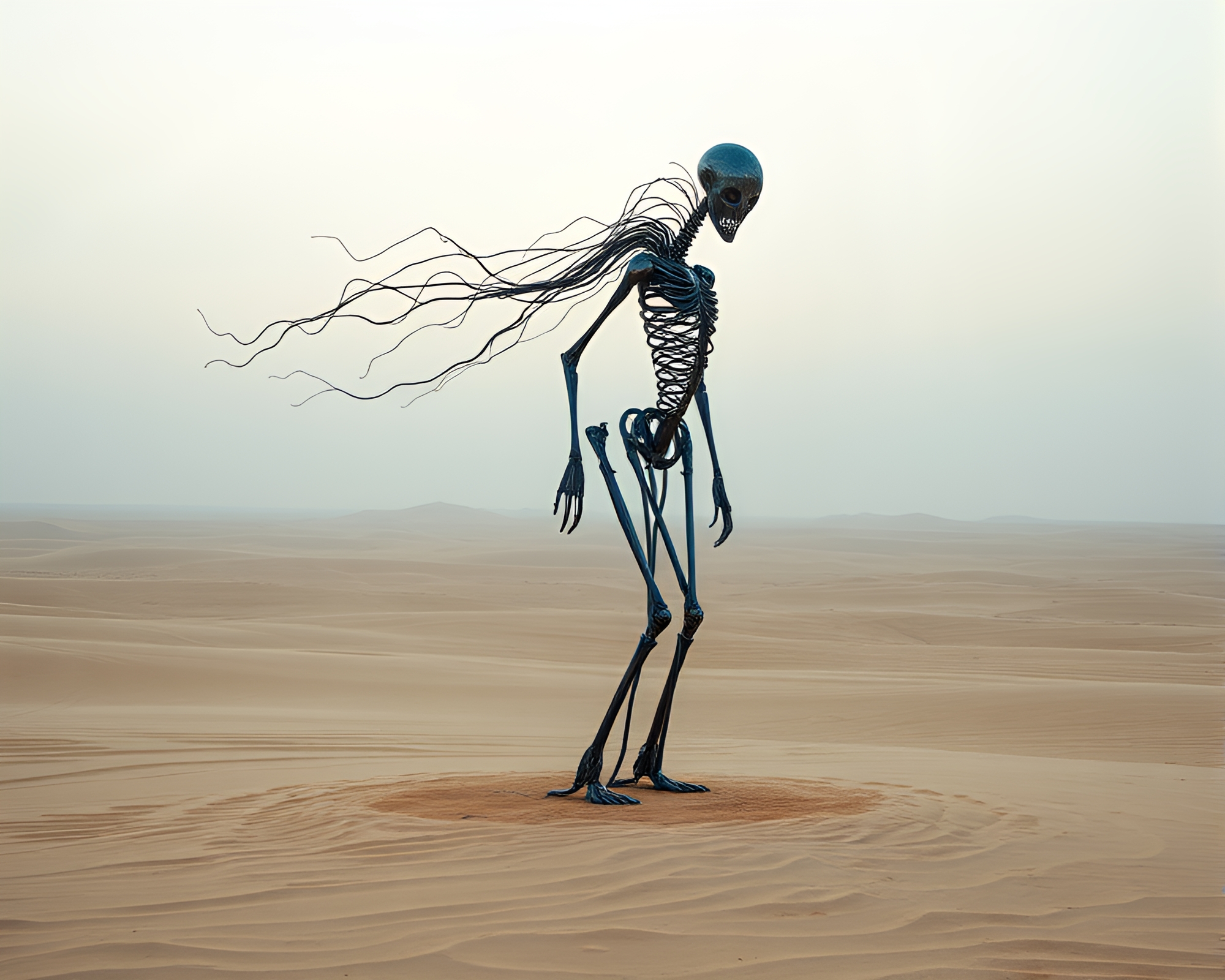 Kinetic Sculpture in Metallic Sand Desert Landscape – free AI stock image