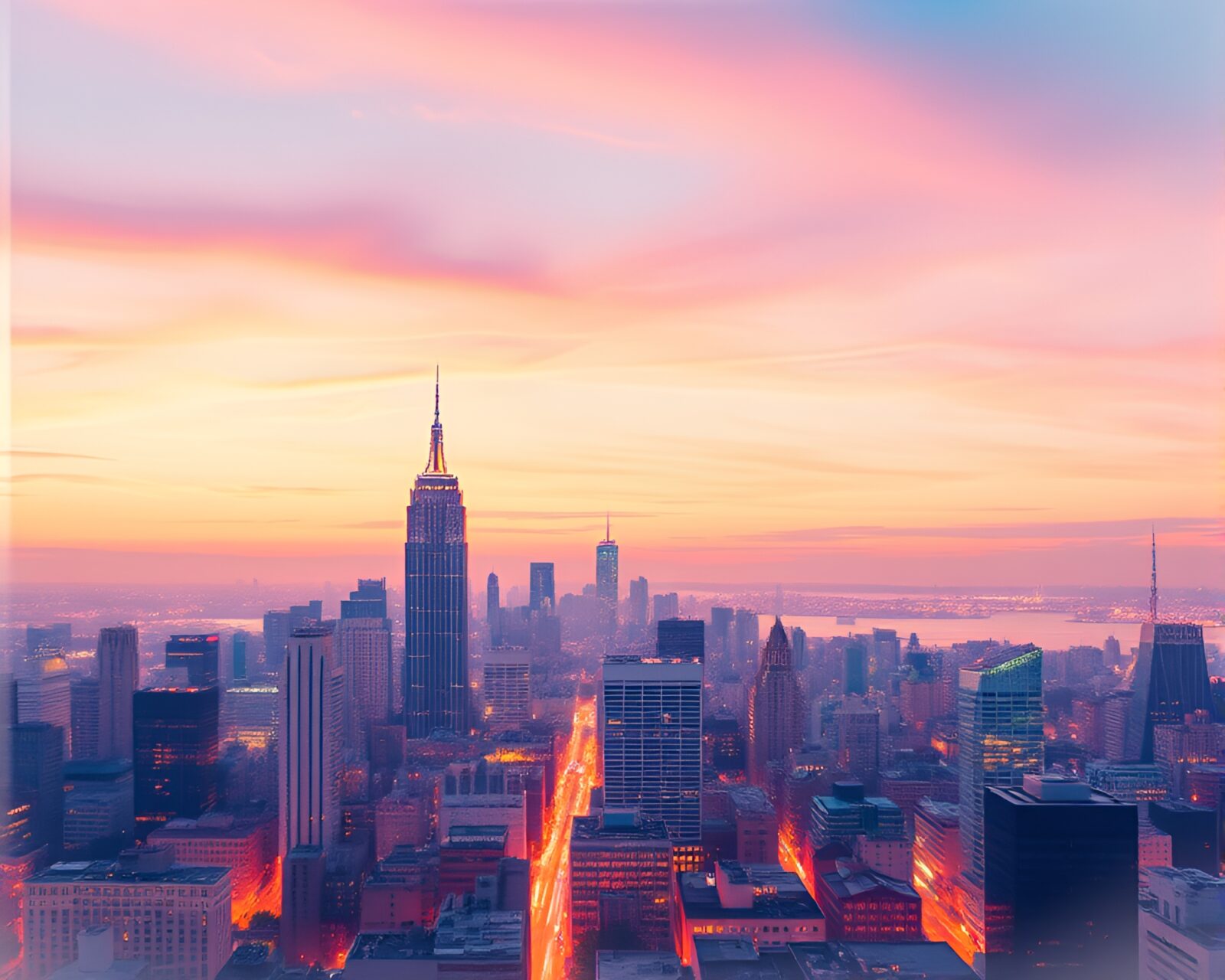 Vibrant twilight cityscape in serene pastel watercolor tones