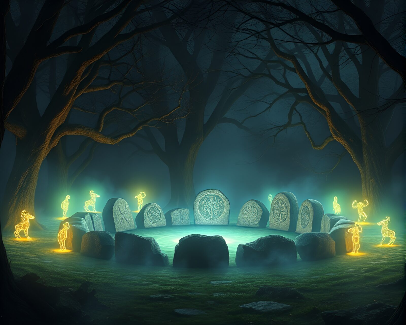 Druidic stone circle surrounded by ancient trees and runic symbols