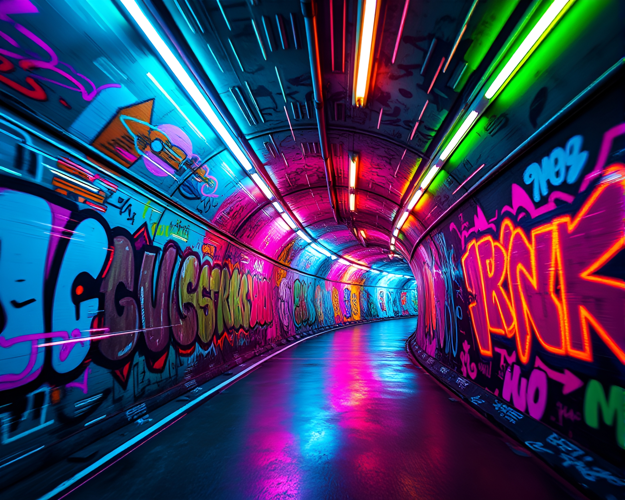 Neon Graffiti-Covered Tunnel with Glitch Art Visuals – free AI stock image