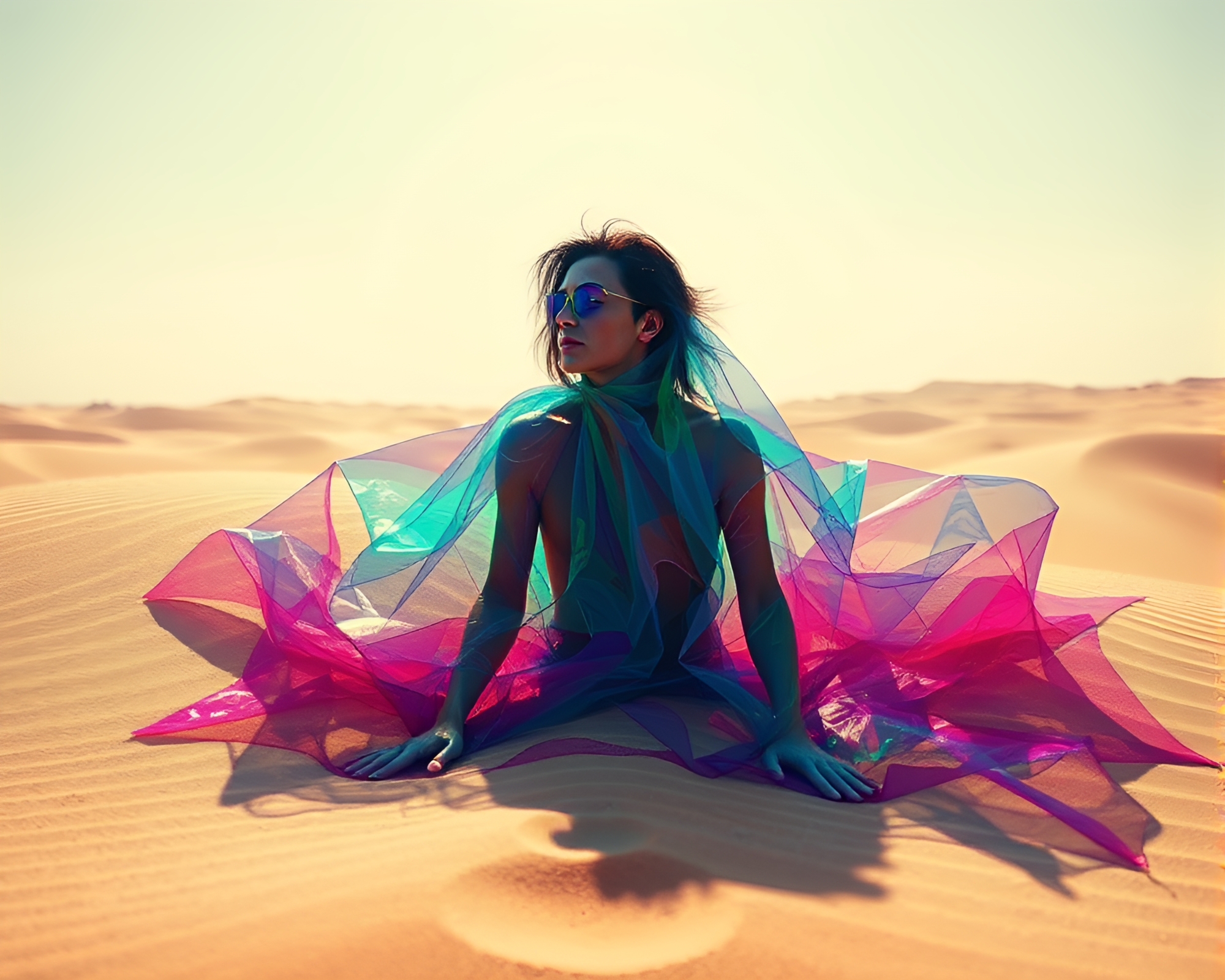 Kaleidoscopic Intoxication in Metallic Sand Desert Landscape – free AI stock image