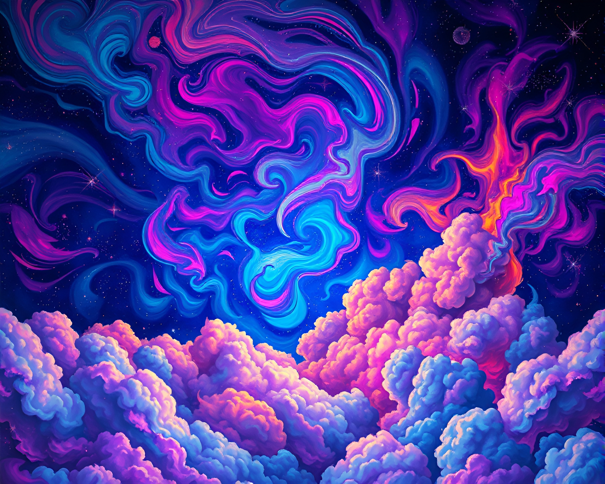 Ethereal Cosmic Neon Graffiti Cloudscape Artwork – free AI stock image
