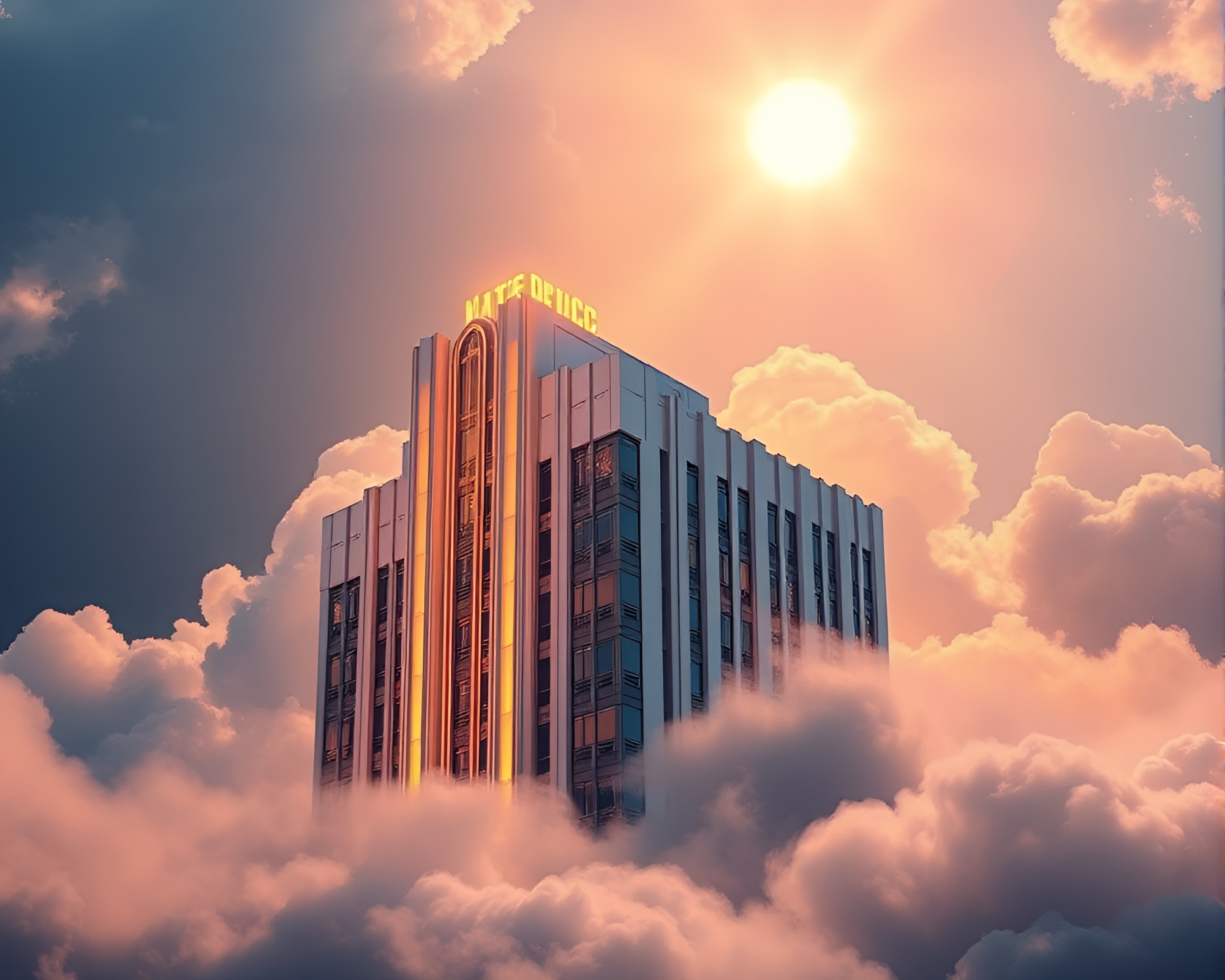 Majestic Art Deco Building in Ethereal Cloudscape – free AI stock image