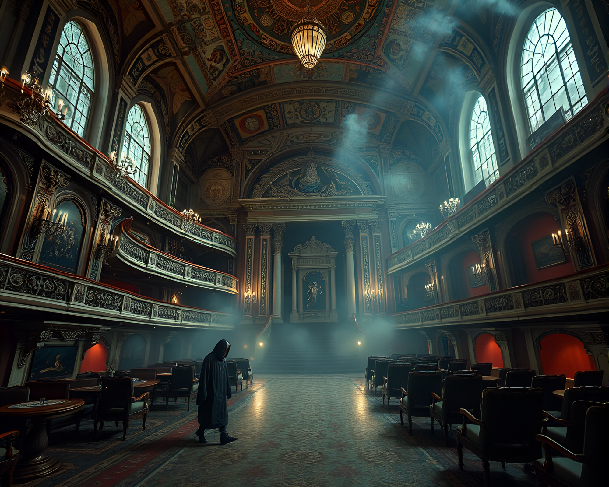 Ethereal Phantom Roaming Opulent Opera House Mosaic Tiles – free AI stock image