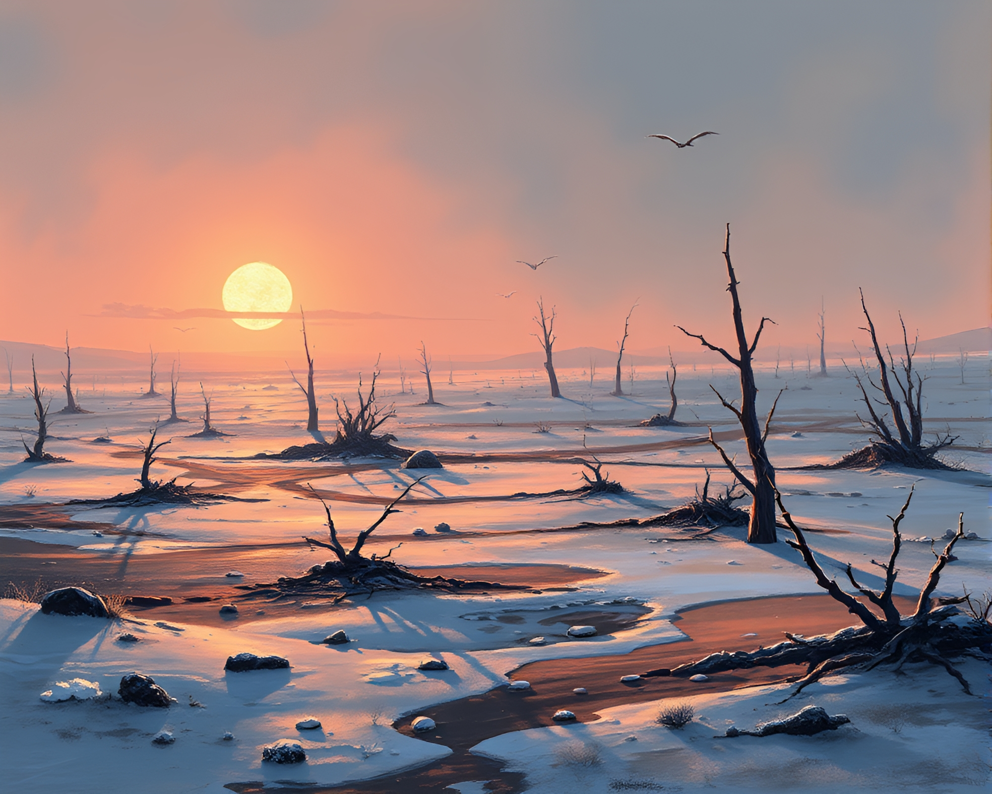 Glistening Frost-Clad Barren Wasteland in Apocalyptic Gouache – free AI stock image