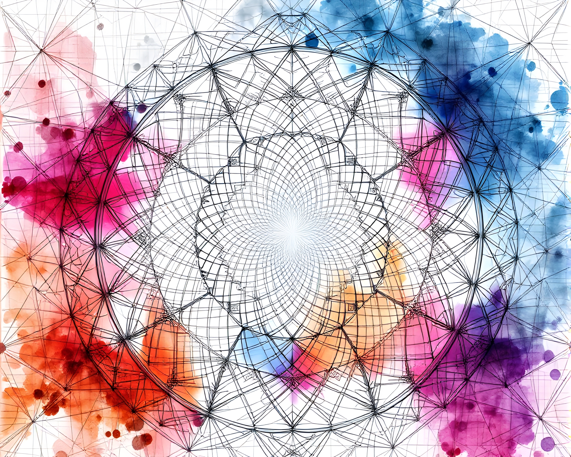 Intricate Fractal Geometry Patterns with Watercolor Splashes – free AI stock image
