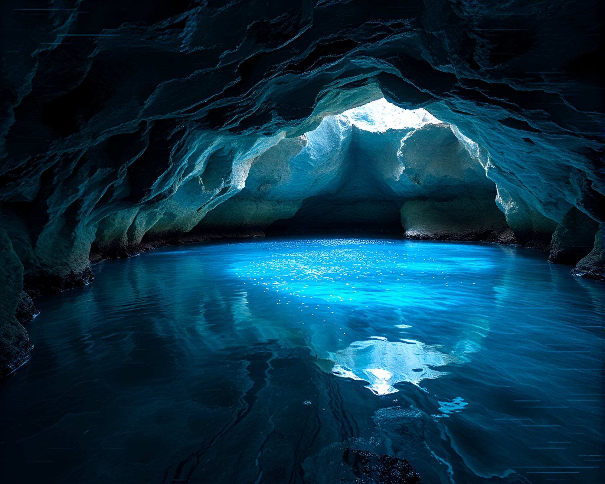 Subterranean Crystal Lake: Glitchy Digital Distortions – free AI stock image