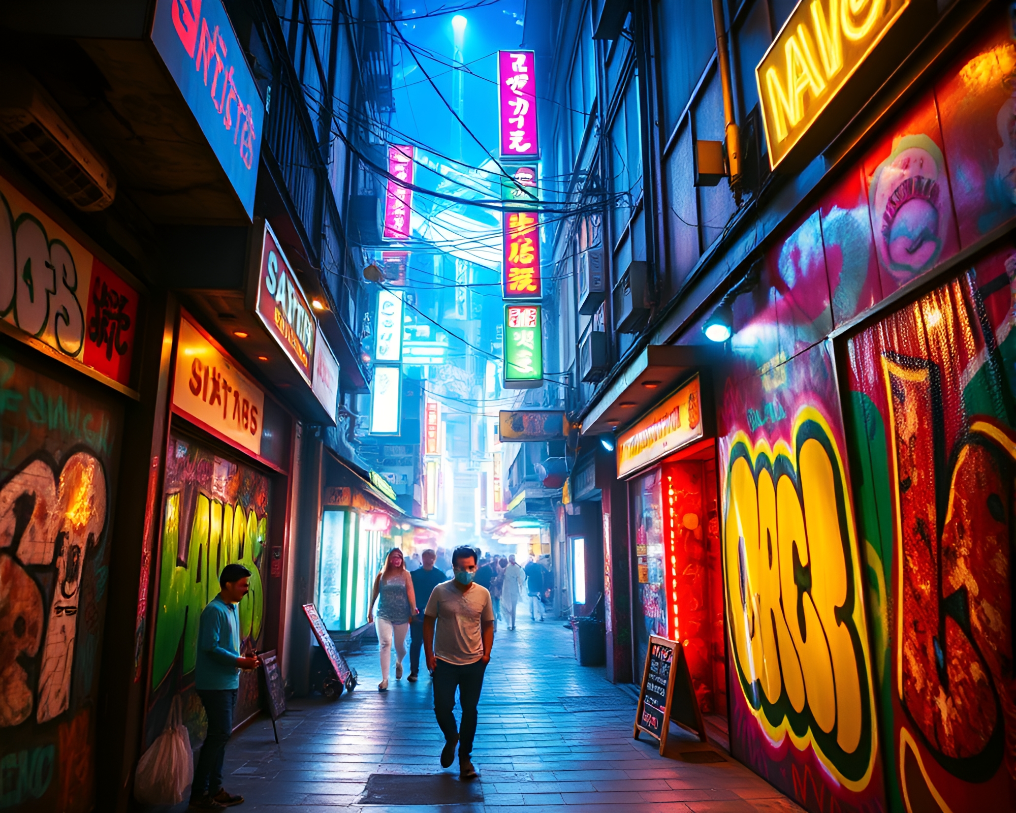 Vibrant Neon Alleyway with Dynamic Graffiti Art – free AI stock image