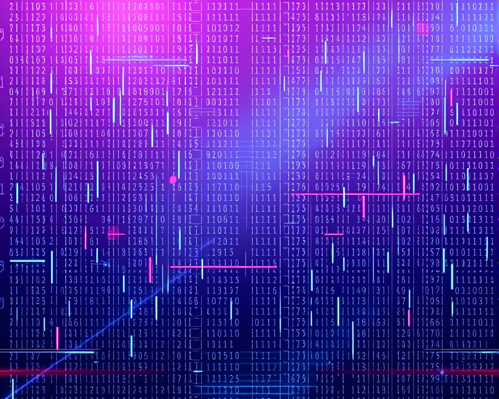 Digital binary code rain with glitch art effects