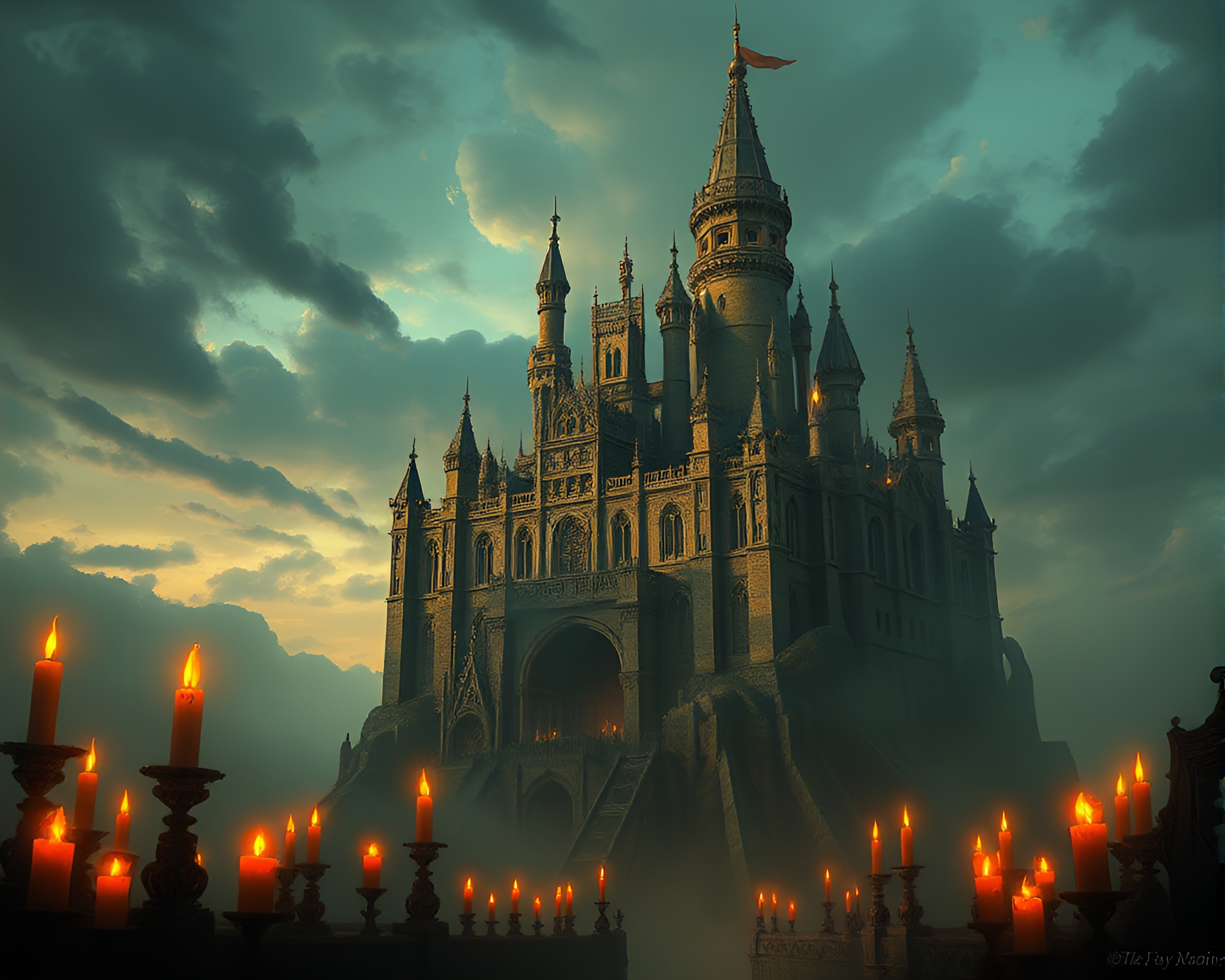 Floating Citadel Surrounded by Melancholic Candles Artwork – free AI stock image