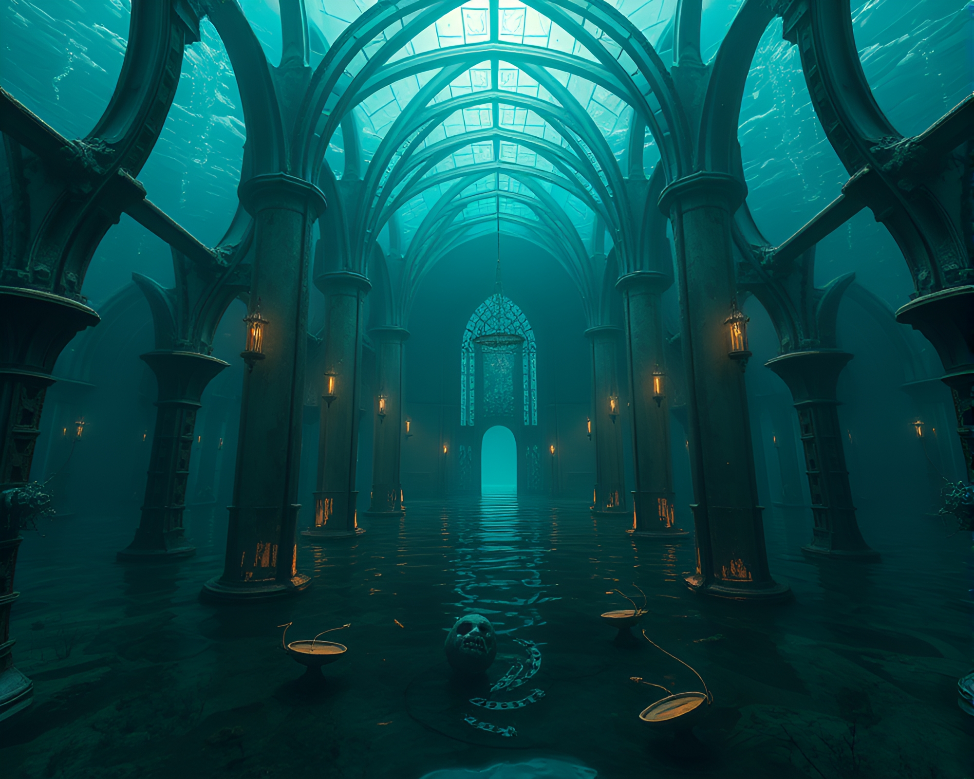 Eerie Underwater Cathedral in Dystopian Worldscape – free AI stock image