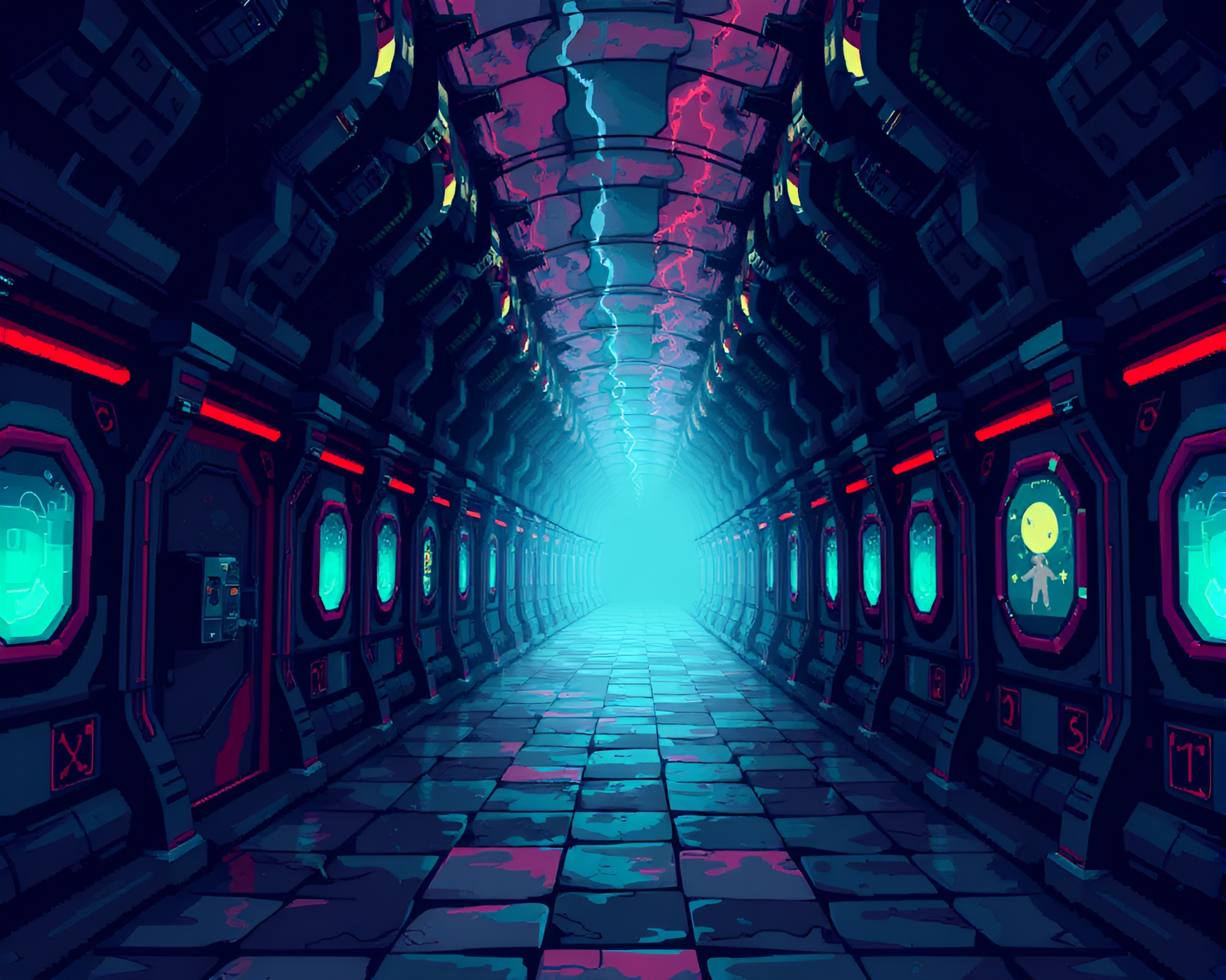 Mesmerizing Time-Warp Corridor in Pixel Art Style – free AI stock image