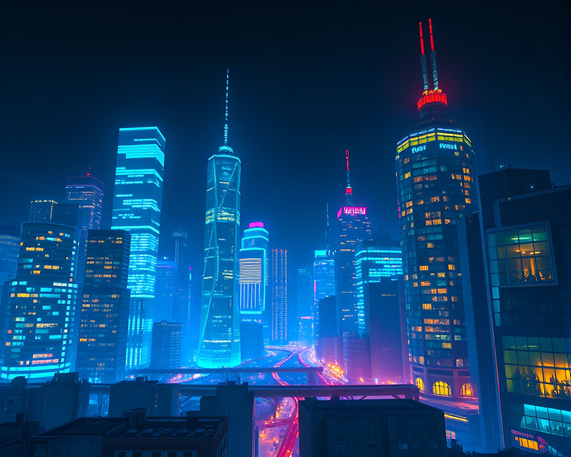Bioluminescent Cubist Cityscape Illuminates Night Sky – free AI stock image