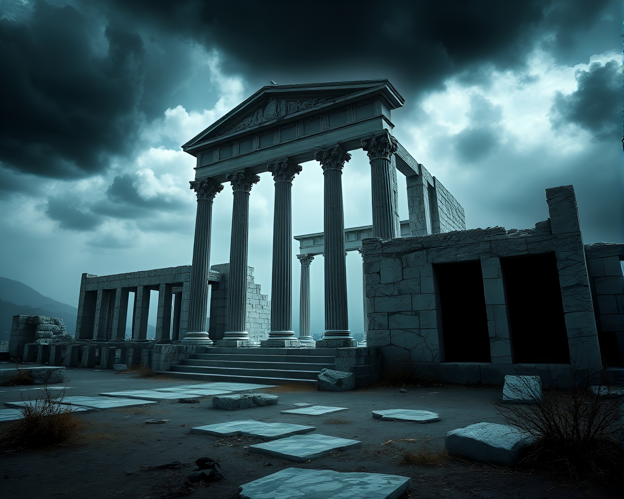 Eerie and Mystical Deserted Marble Palace Ruins Illustration – free AI stock image