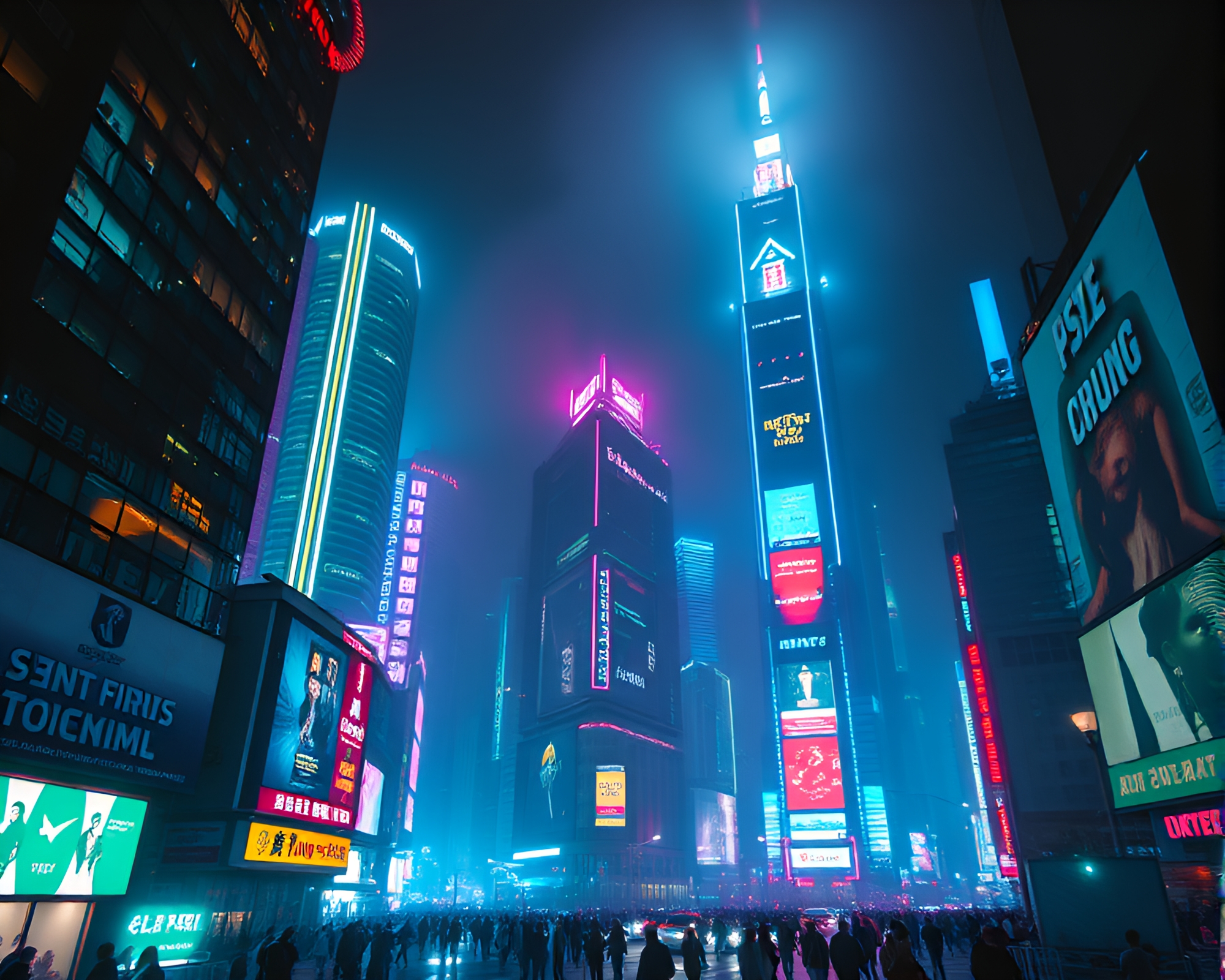 Vibrant Neon Cityscape Night Scene with Skyscrapers – free AI stock image