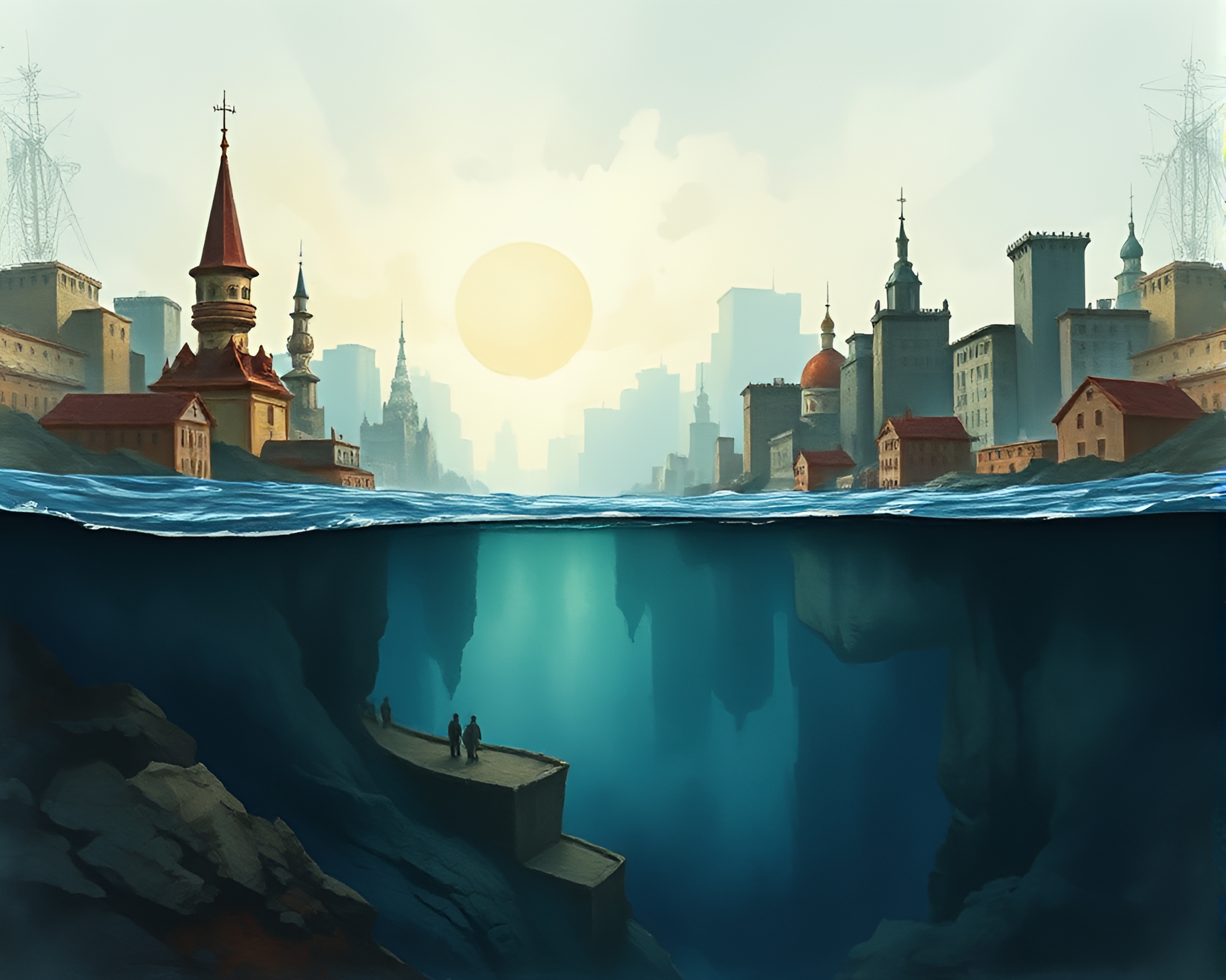Melancholic Sunken Cityscape in Watercolors – free AI stock image