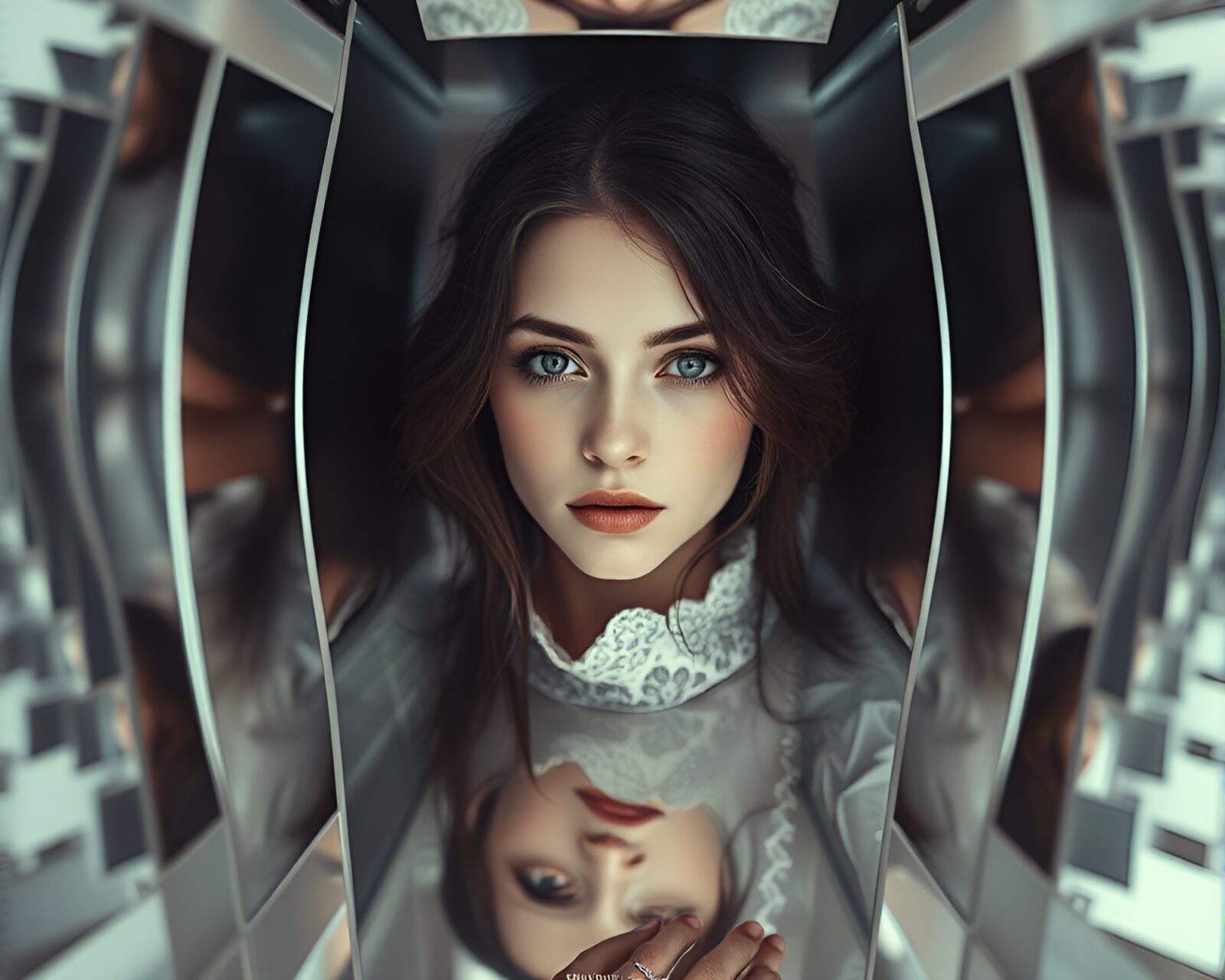 Ethereal figure surrounded by reflections in mirror labyrinth