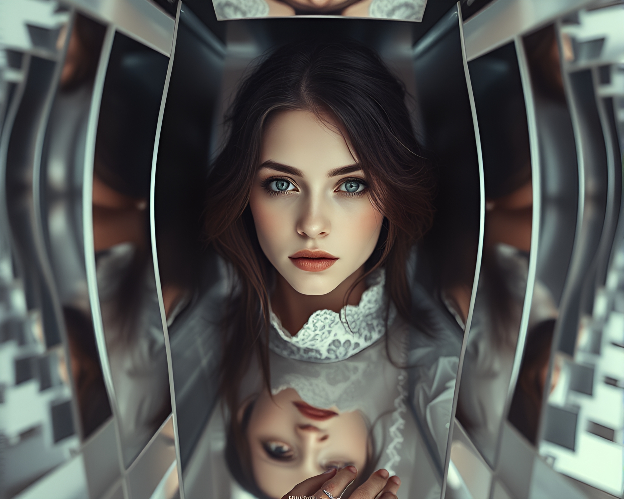 Ethereal Figure in Mirror Labyrinth Reflection – free AI stock image
