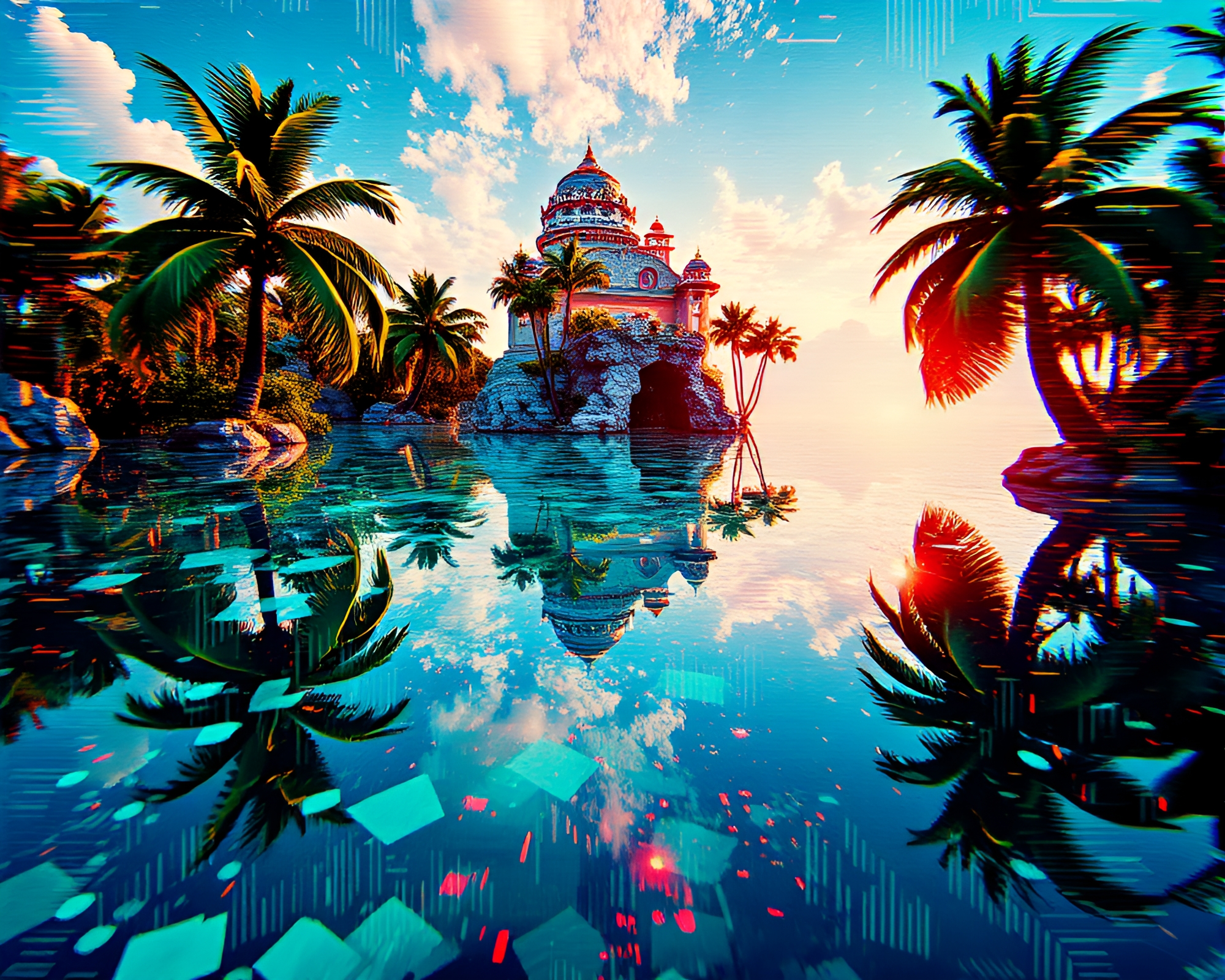 Shimmering Oasis Reflected in Glitch Art Mirror – free AI stock image