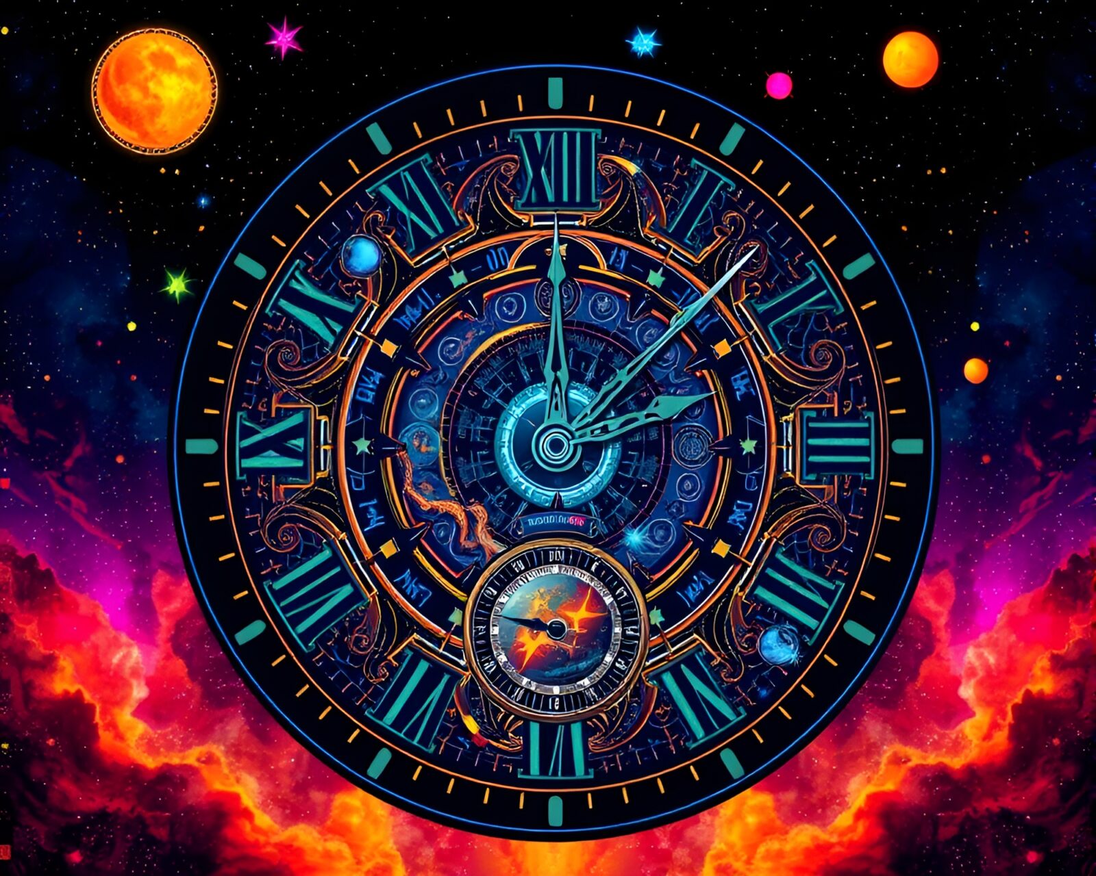 Detailed cosmic clock face illustration with vibrant space colors