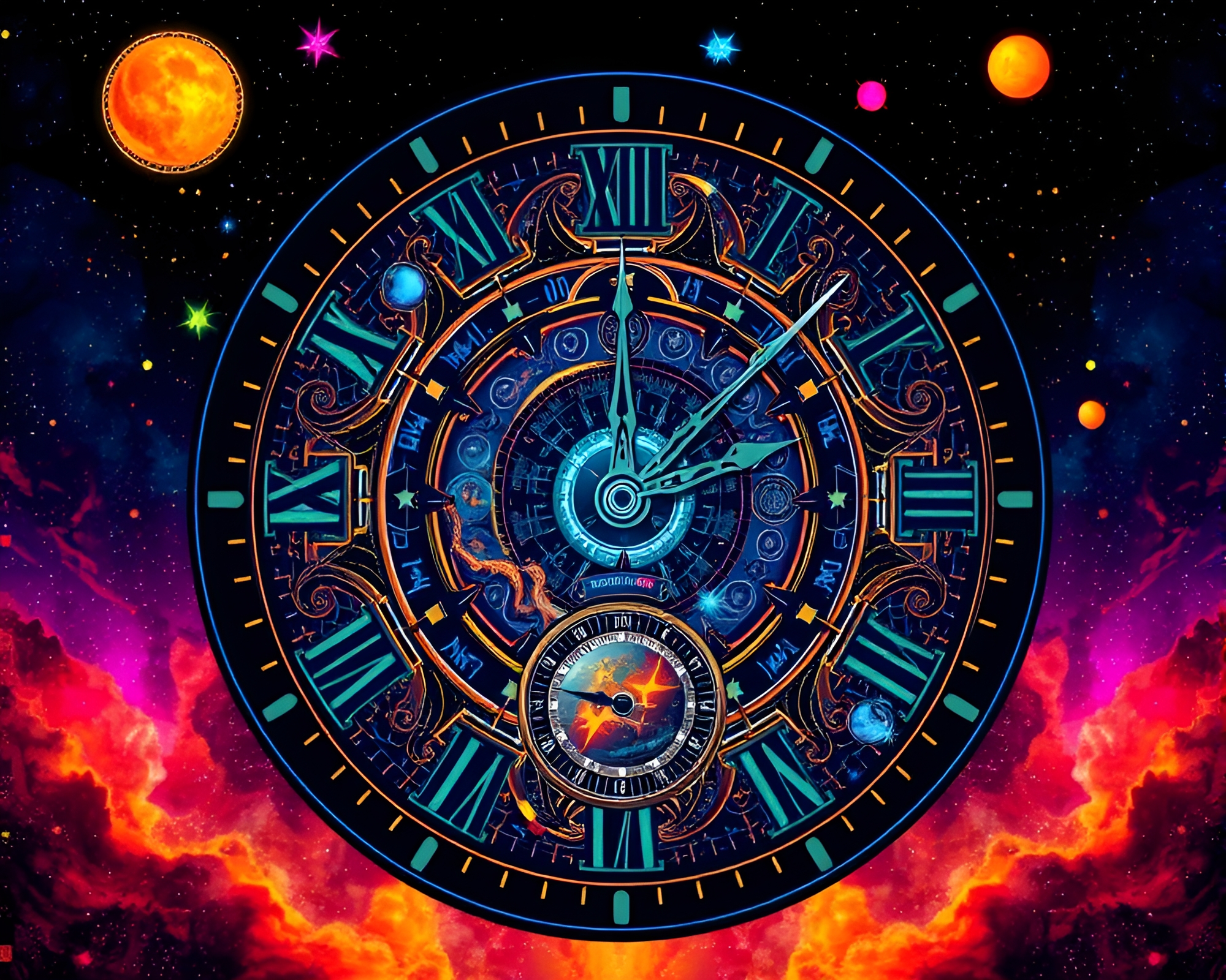 Vibrant Cosmic Clock Face Vector Illustration Design – free AI stock image