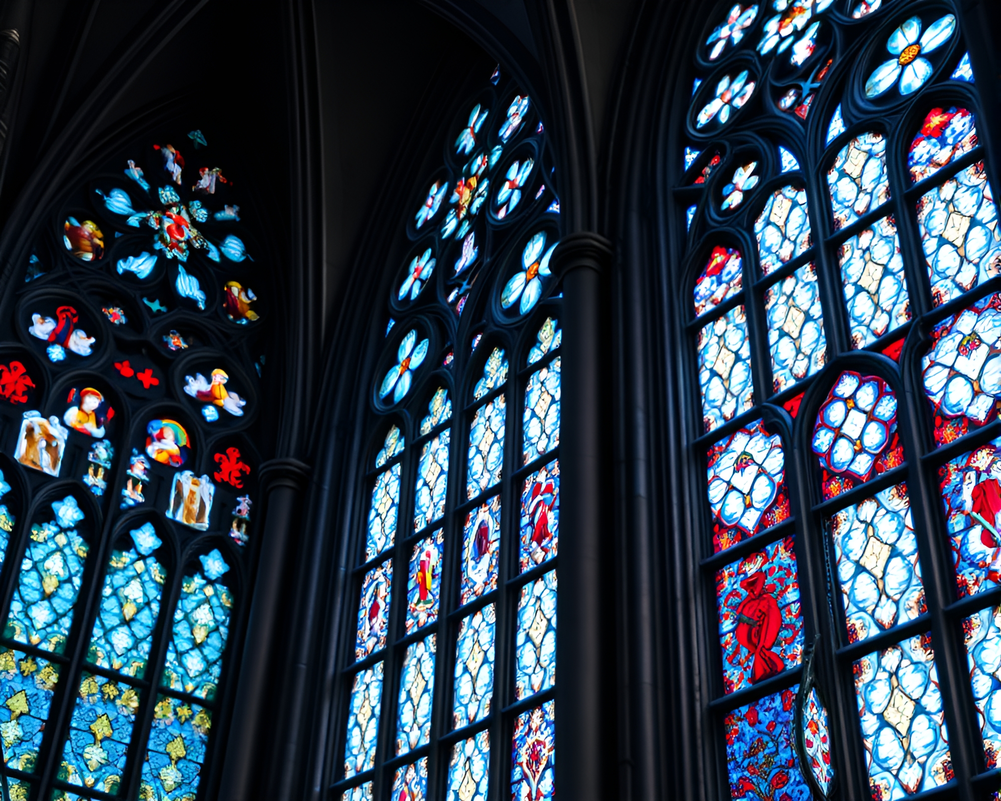 Intricate Stained Glass Windows in Gothic Cathedral Close-up – free AI stock image
