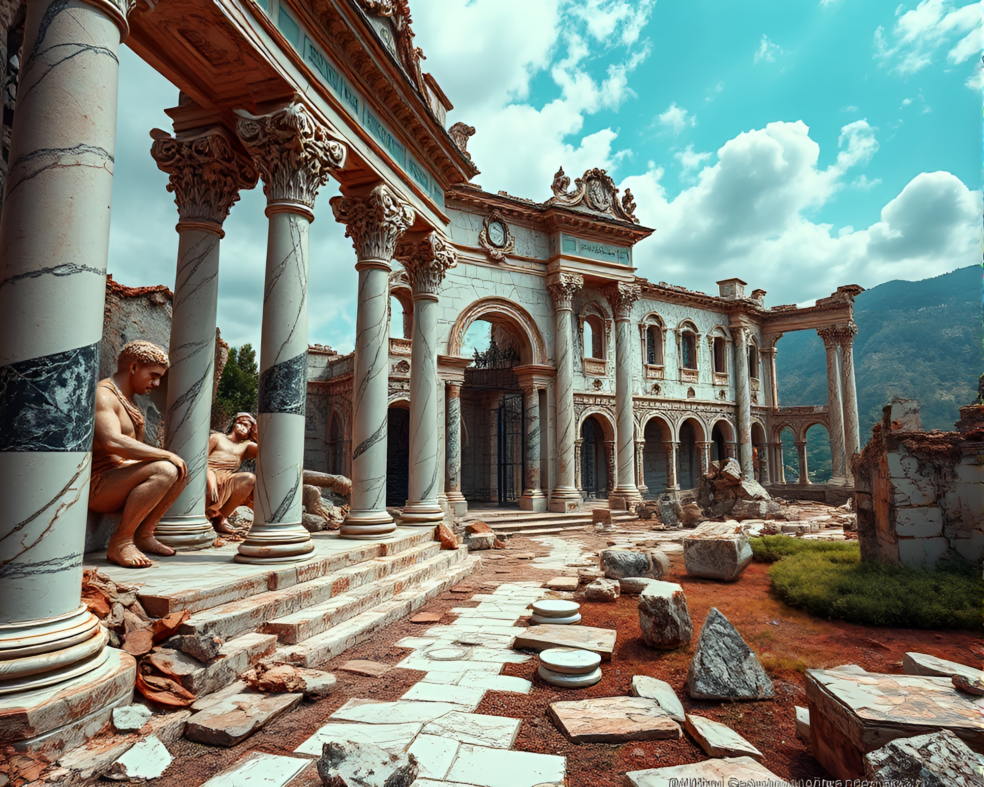 Decay and Elegance Intertwine in Surreal Marble Palace – free AI stock image