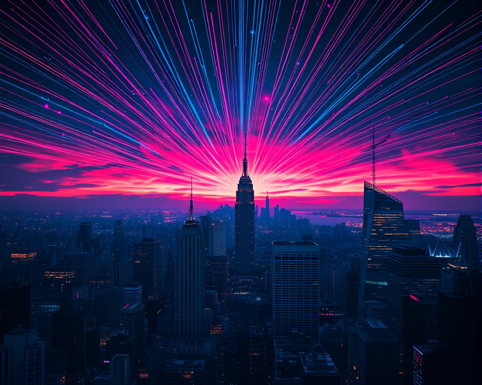 Colorful cityscape with magnetic field lines in the sky