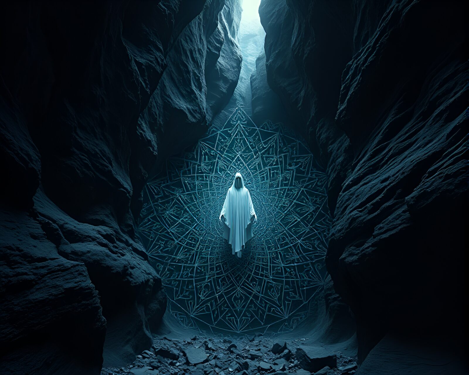 Eerie ghostly figure appears in intricate pattern in canyon landscape
