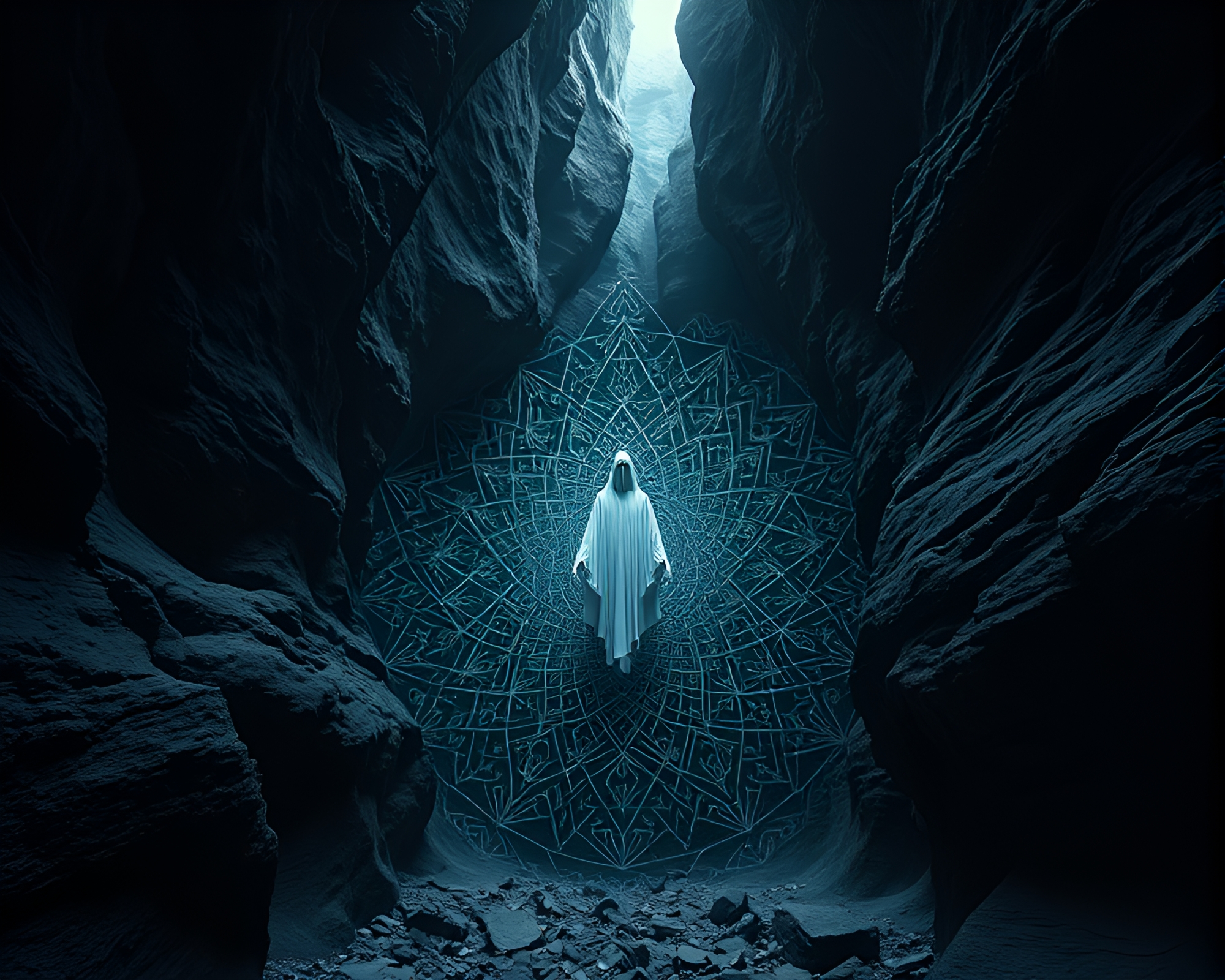 Ghostly Figure Emerges from Mesmerizing Embroidery Pattern in Canyon – free AI stock image