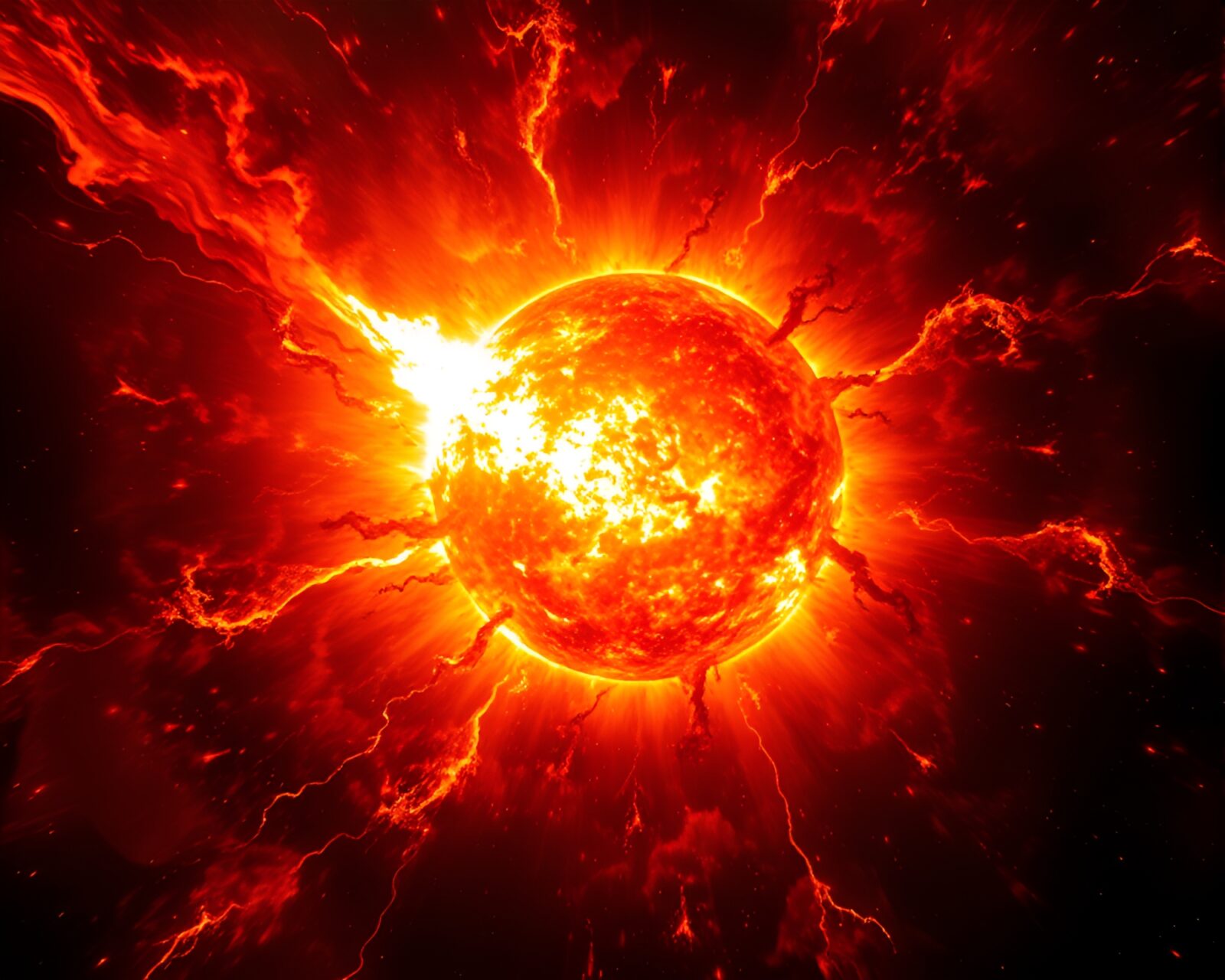 Detailed depiction of intense solar flare in vibrant colors