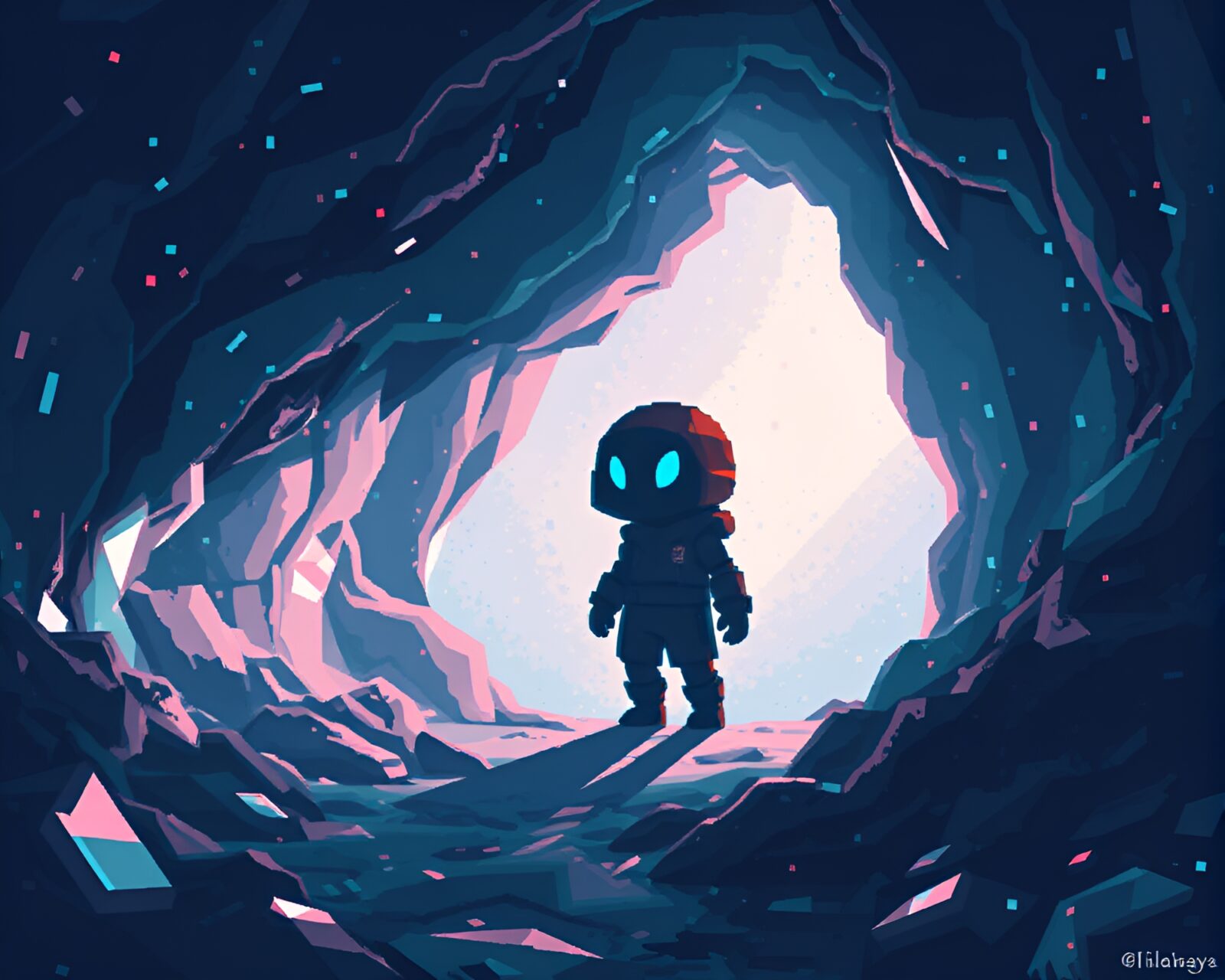 8-bit glitch art of figure in crystalline cavern