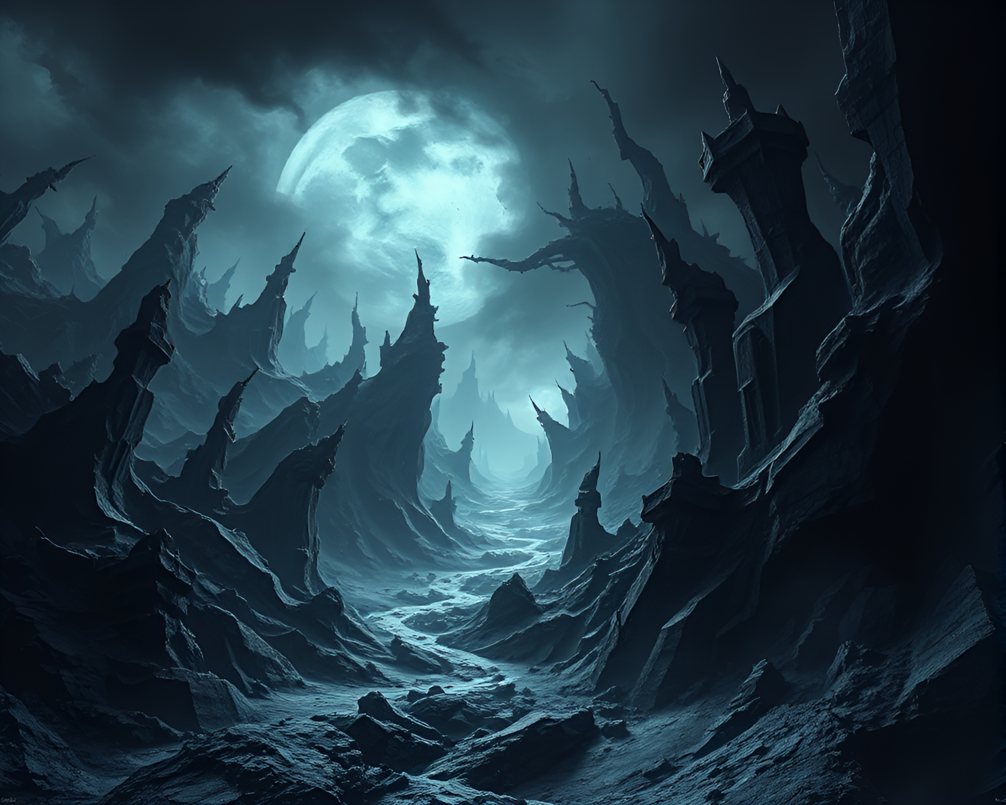 Ethereal Fractal Beauty in Dark Eerie Landscape – free AI stock image