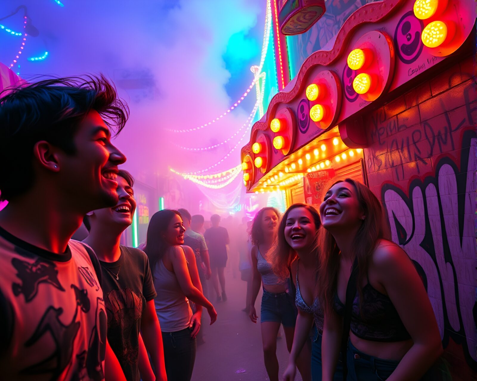 Surreal carnival scene with neon lights and intricate graffiti art
