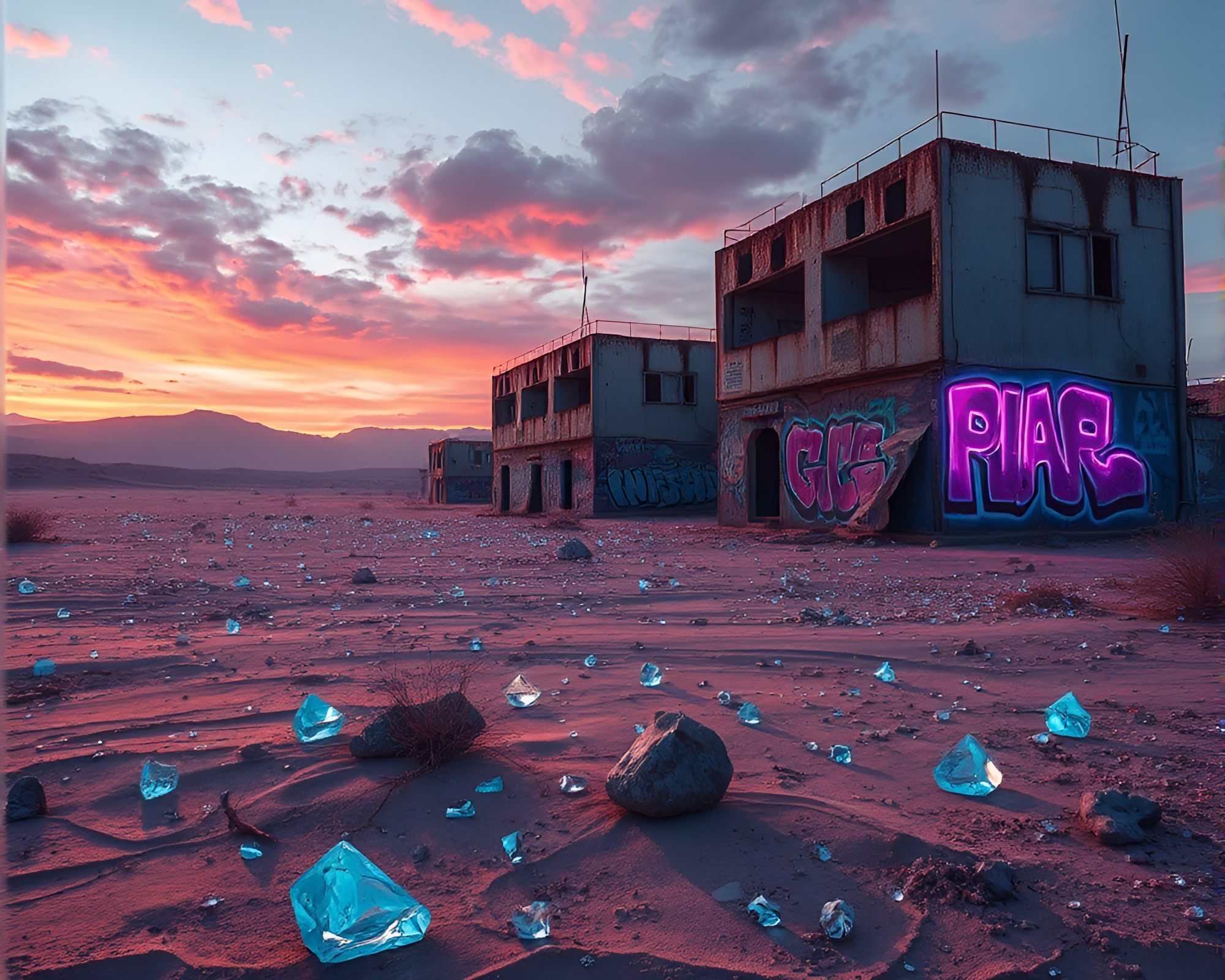 Surreal Urban Desert with Neon Graffiti – free AI stock image