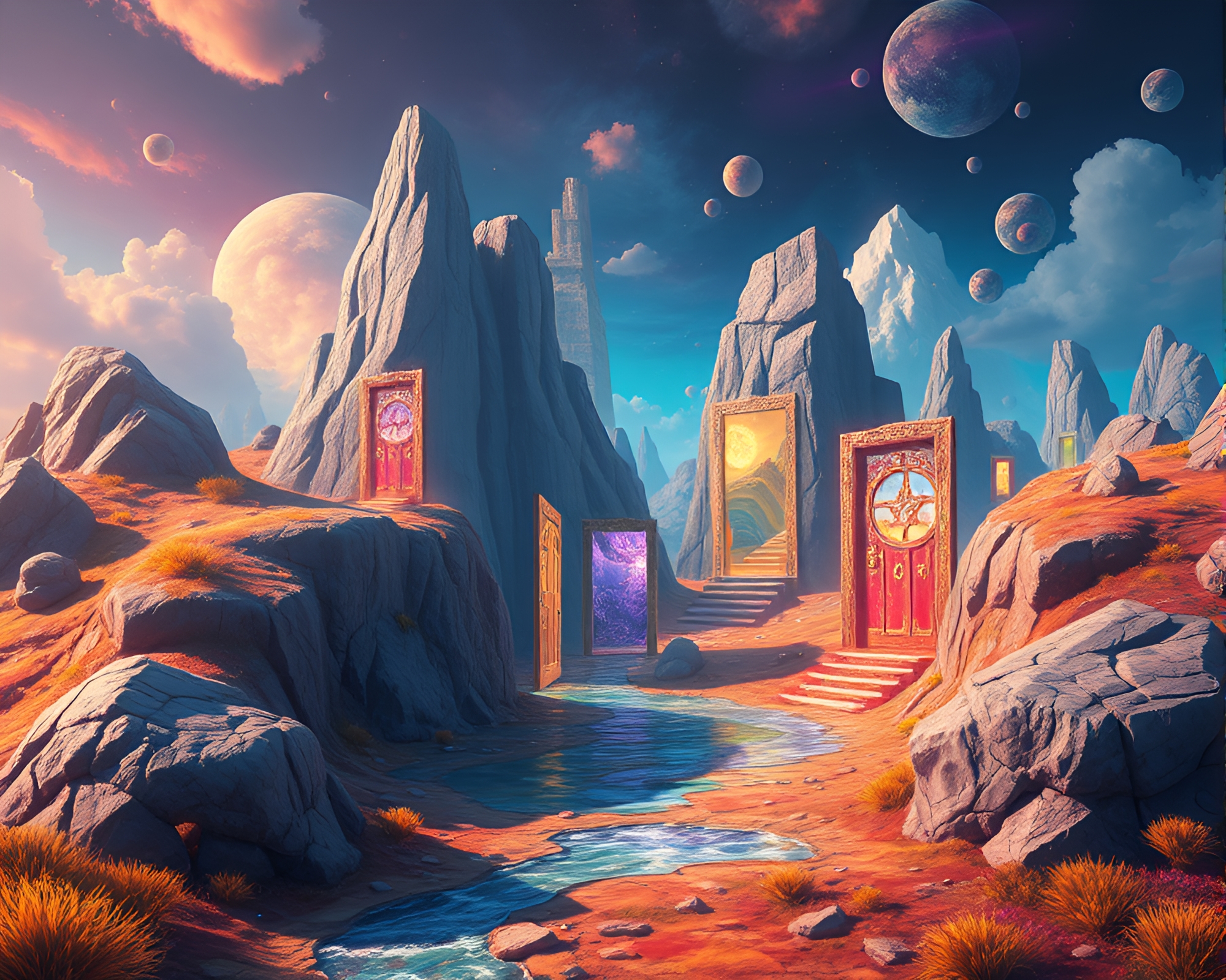 Colorful Doors to Harmonious Game Concept Worlds – free AI stock image